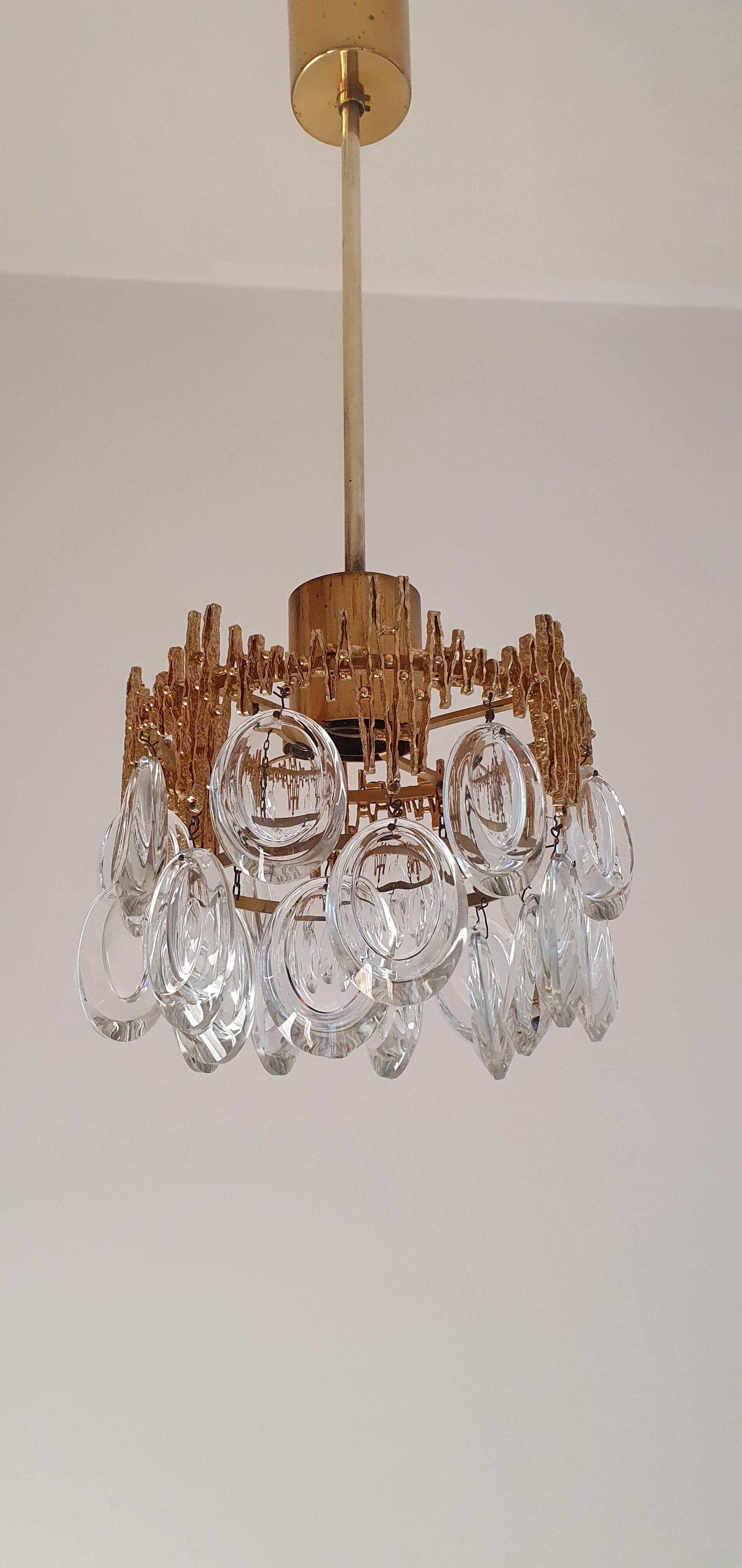 Small brass brutalist chandelier with crystal stamps