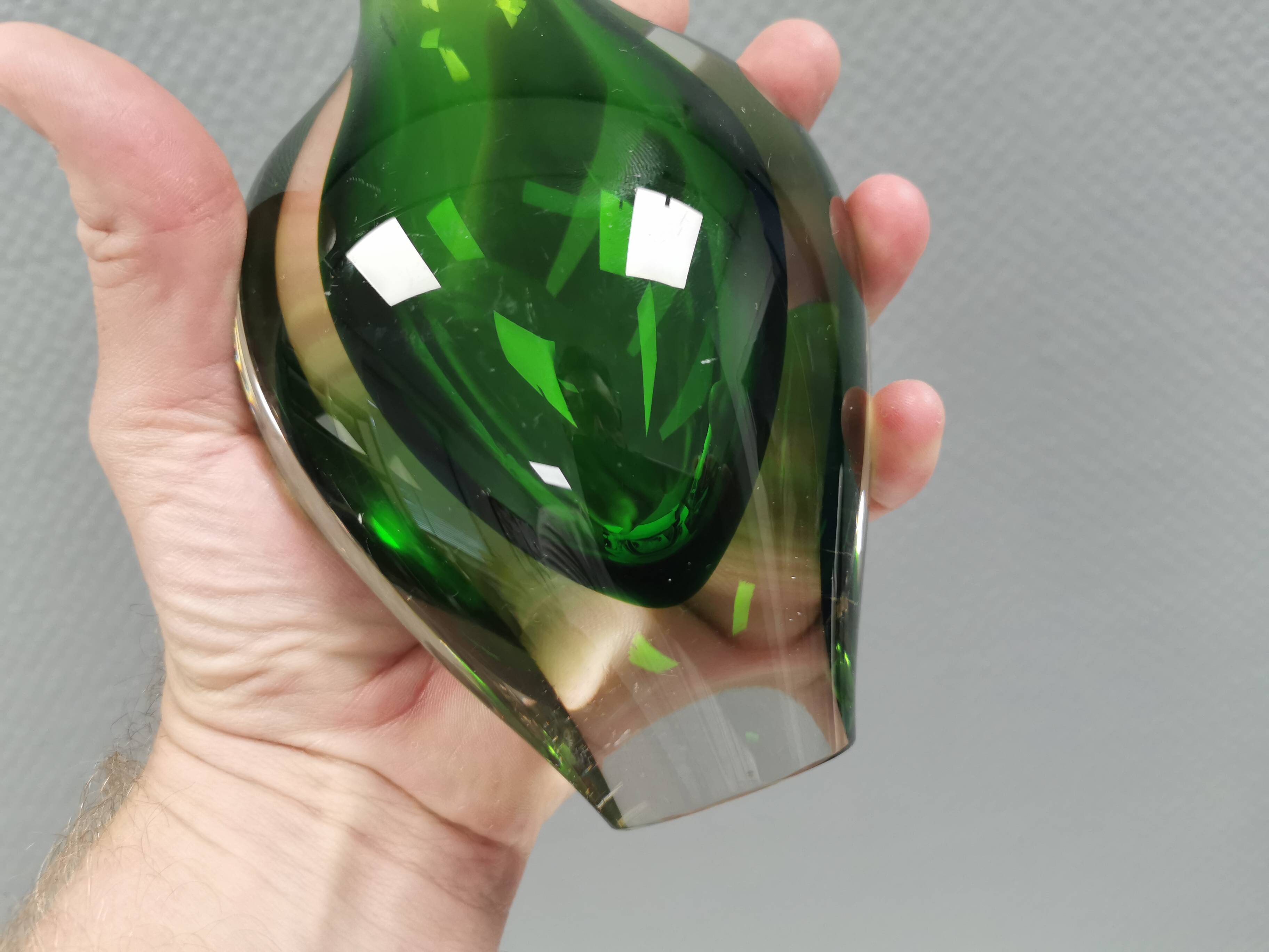 Handmade Murano vase in green and transparent. Estimated 1970-1980