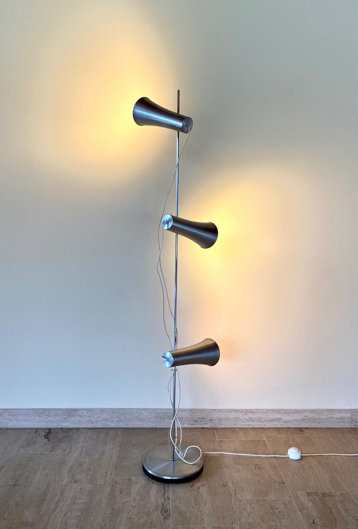 Floor lamp with 3 adjustable spots in stainless steel, 1970's