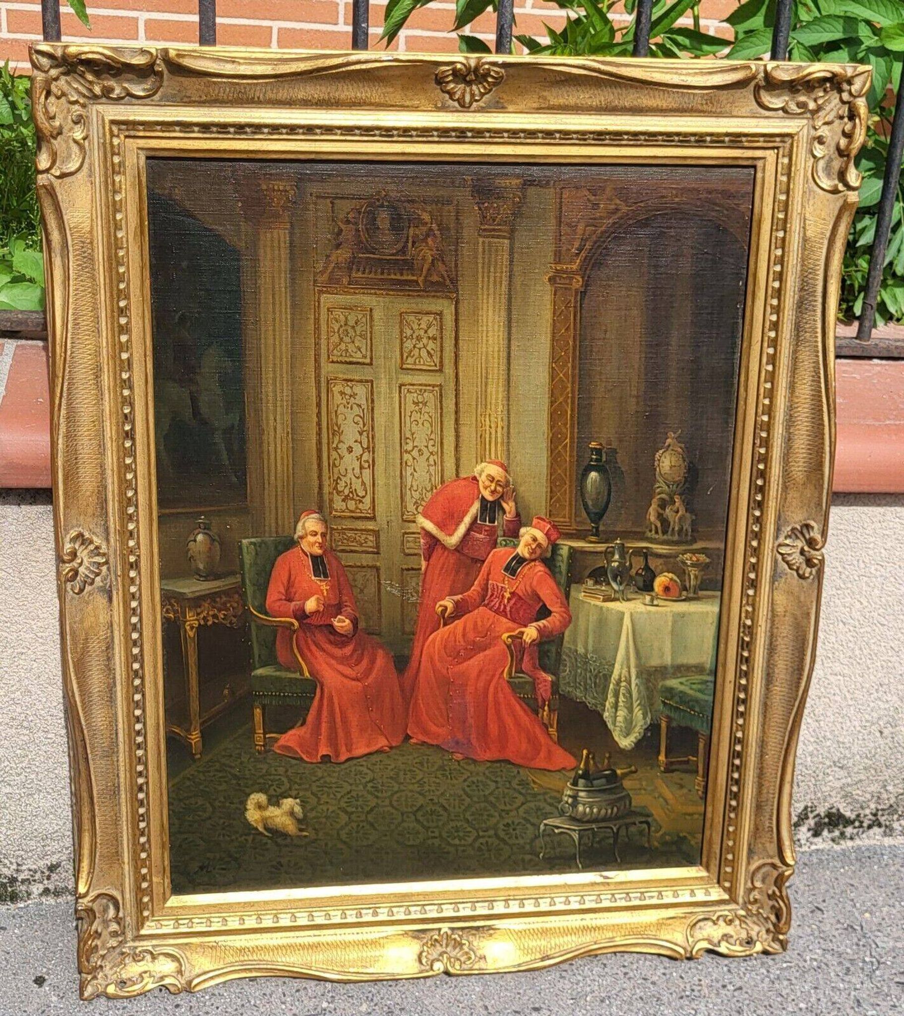 Signed Antique French Oil Painting – Cardinals in Luxurious Setting, 19th C