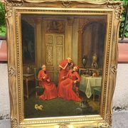 Signed Antique French Oil Painting – Cardinals in Luxurious Setting, 19th C