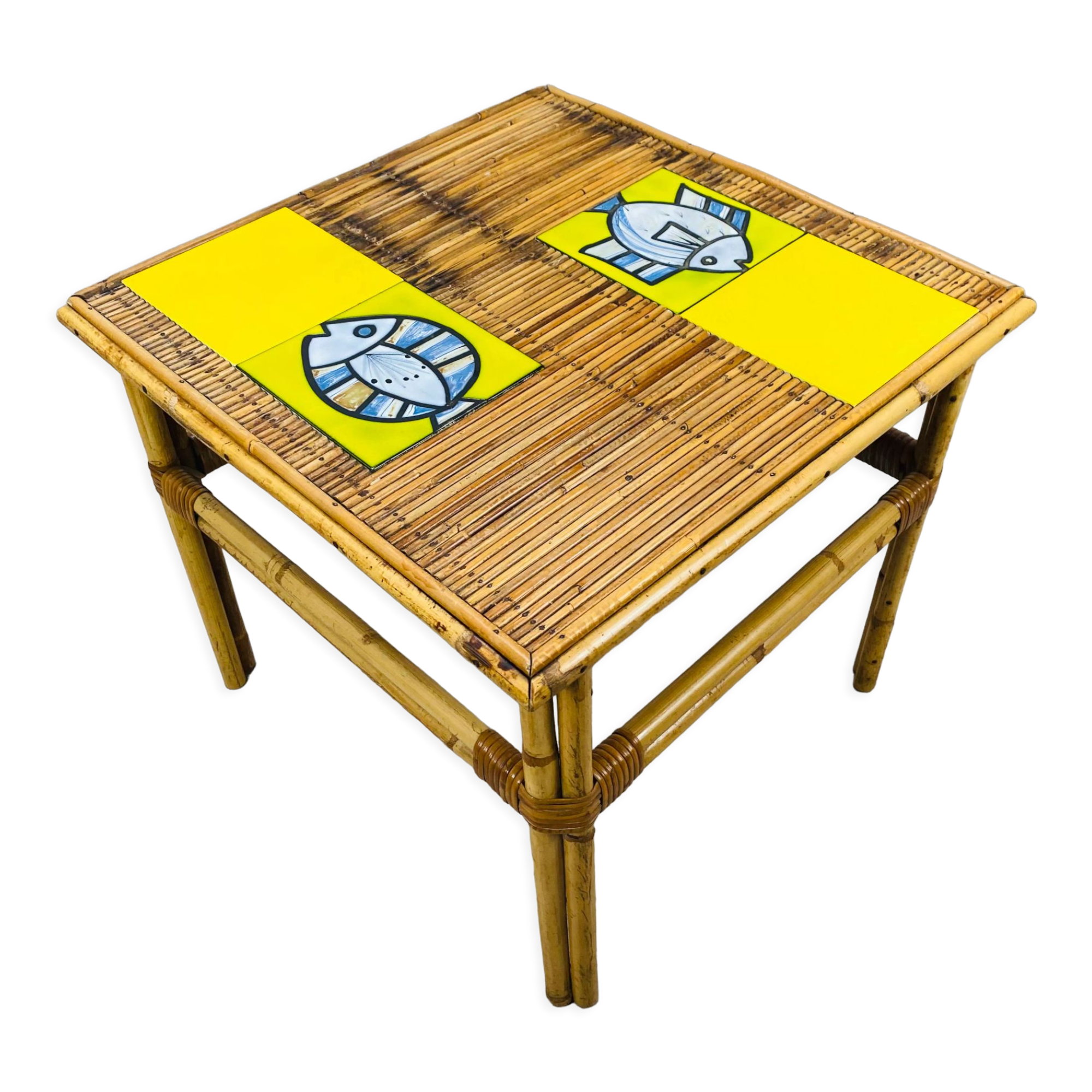 Roger Capron coffee table in ceramic and rattan, fish model