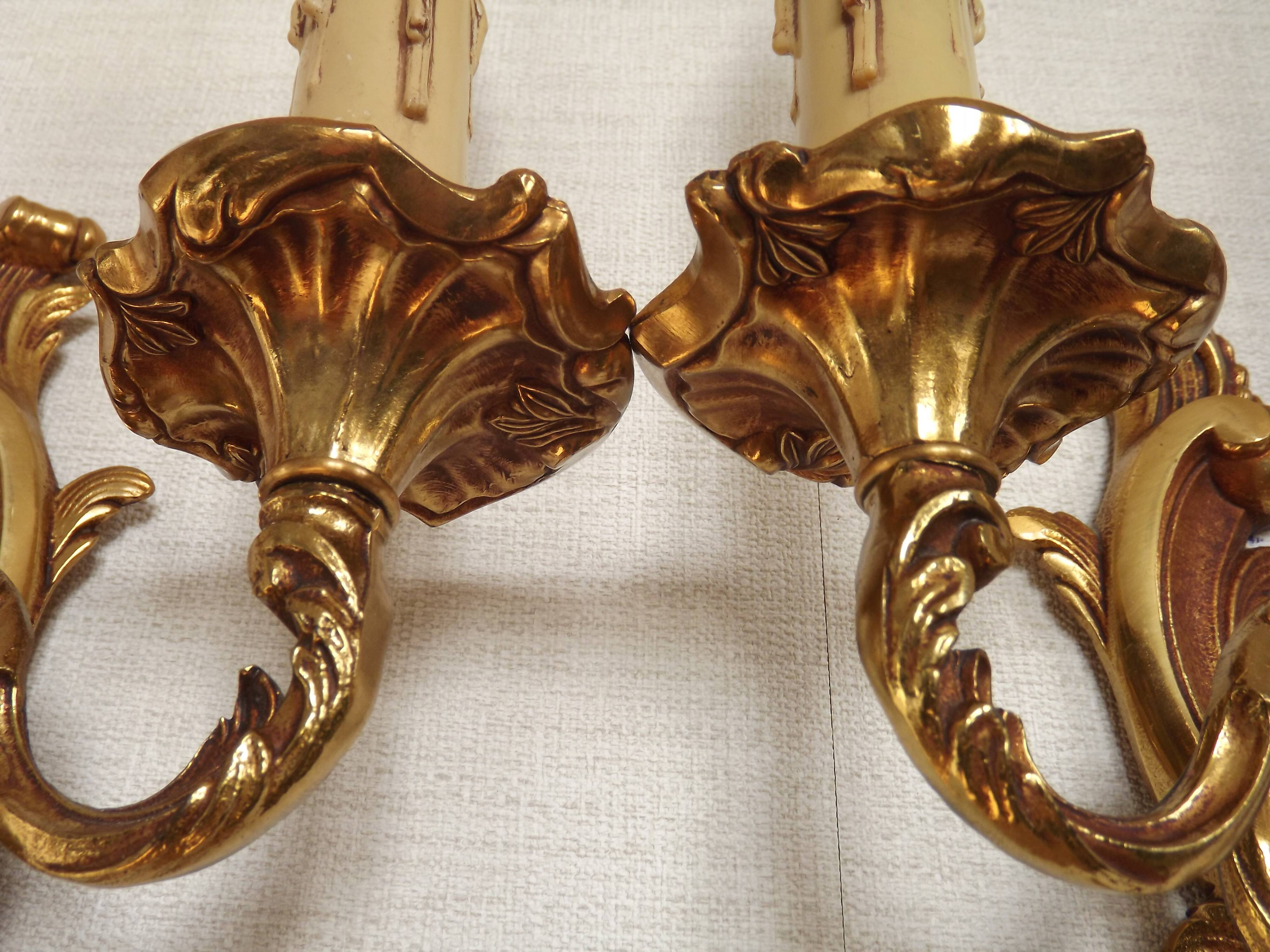 Stylish Vintage French Bronze Double Wall Sconces with Acanthus Leaf Detail