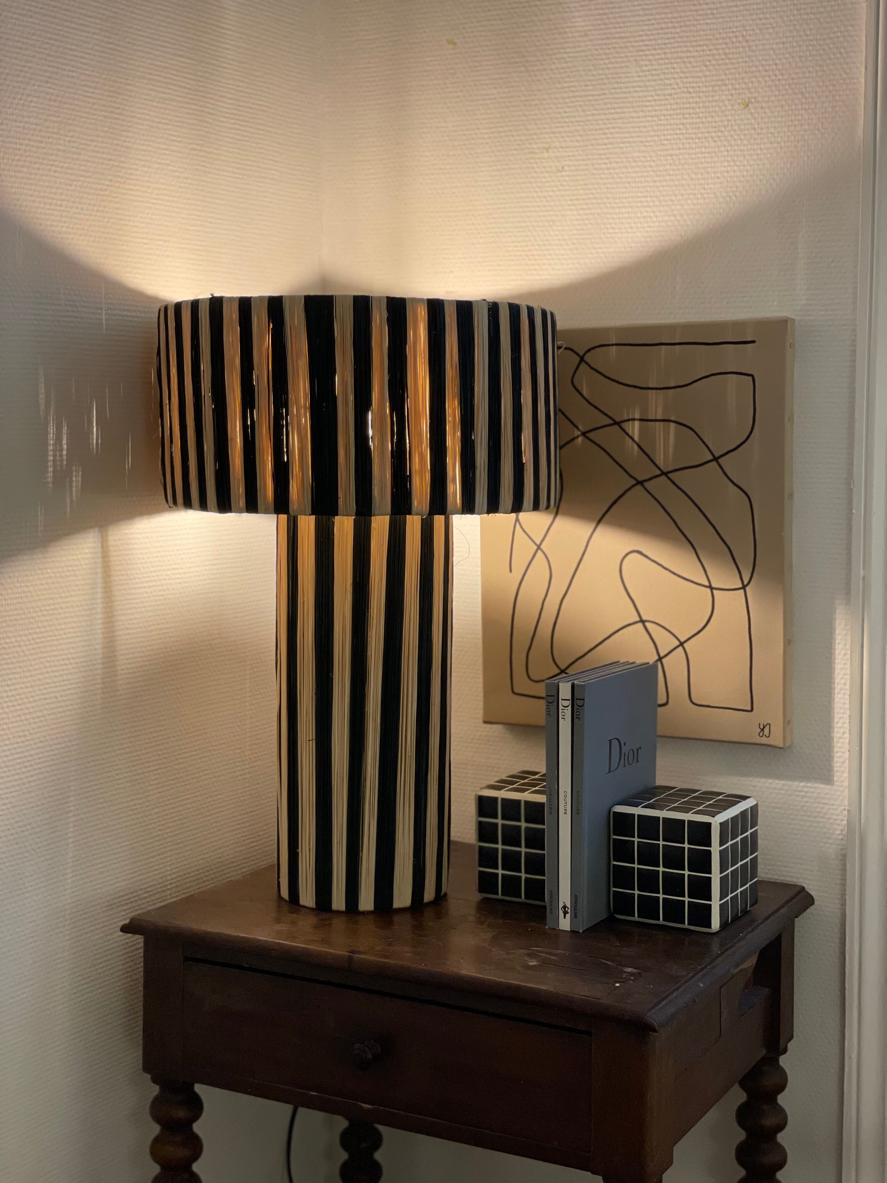 Minimalist bedside table lamp raffia Striped zebra black