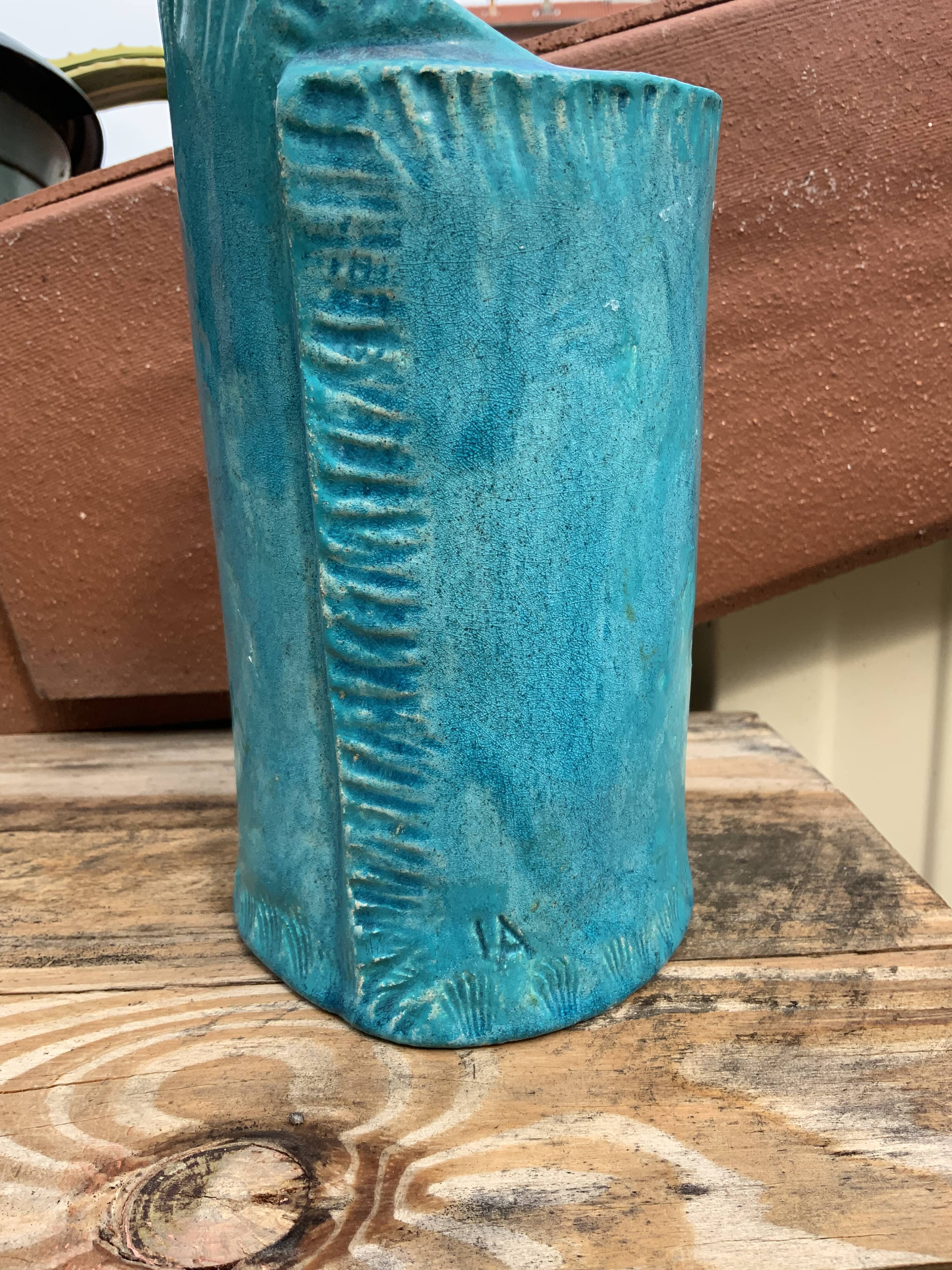 Vintage blue soliflore ceramic vase signed AI
