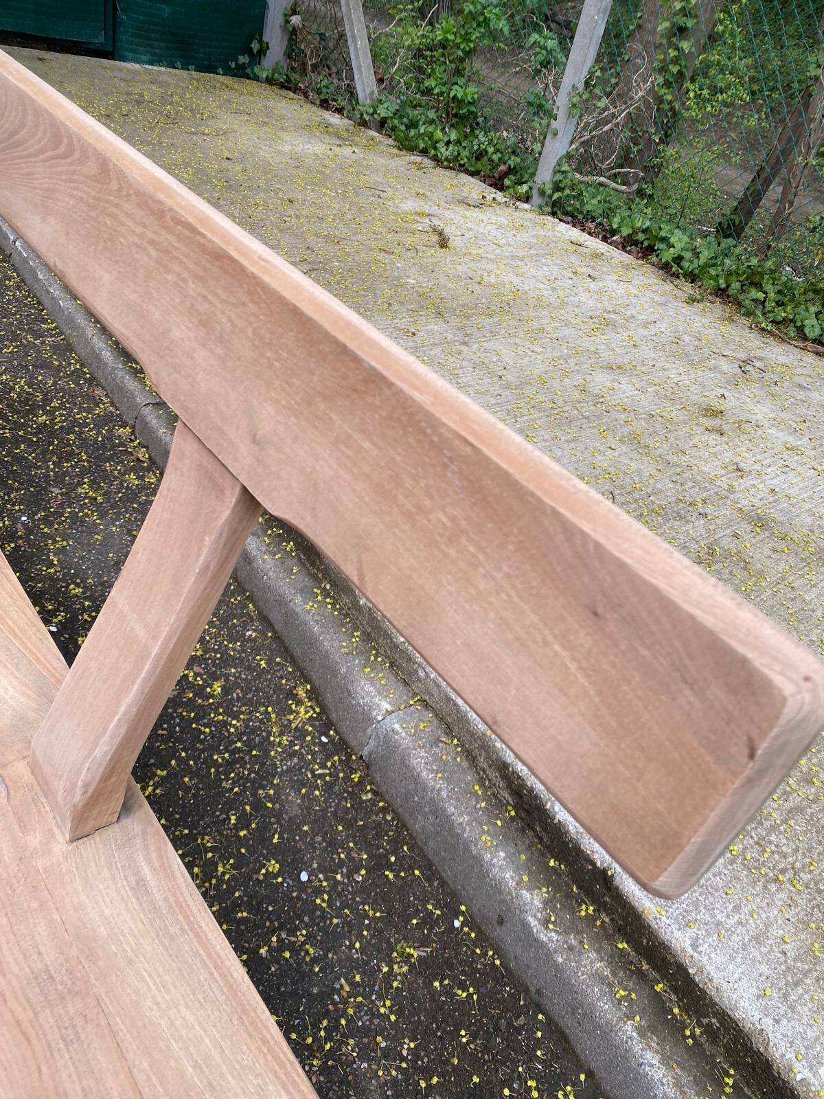 Renovated vintage farmhouse bench with a backrest in solid oak from the 20th century, 180cm.