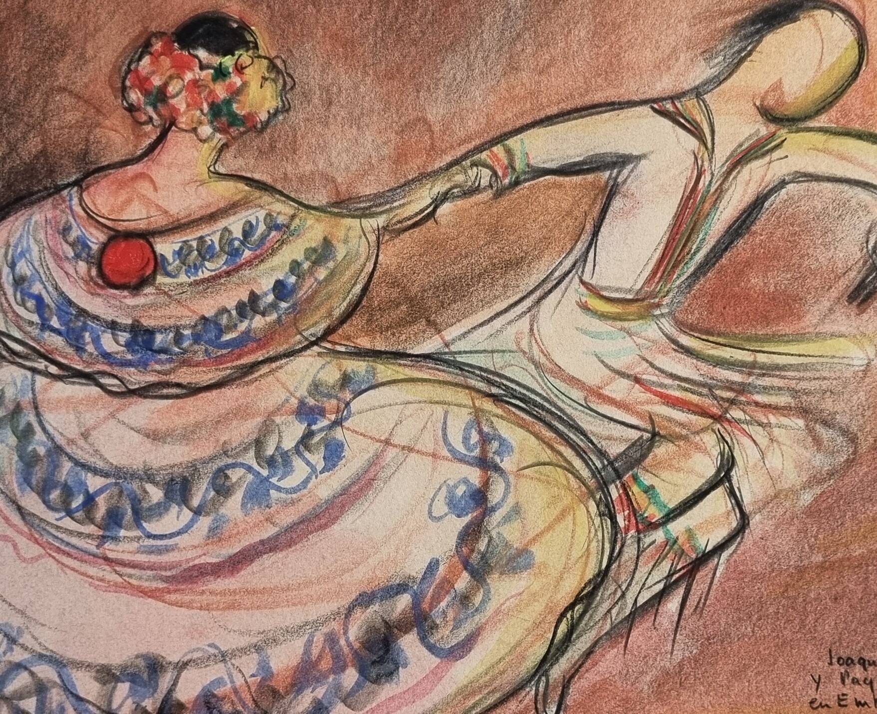 Original pastel signed by Jean Target, Mexican folk dance, 30x40 cm