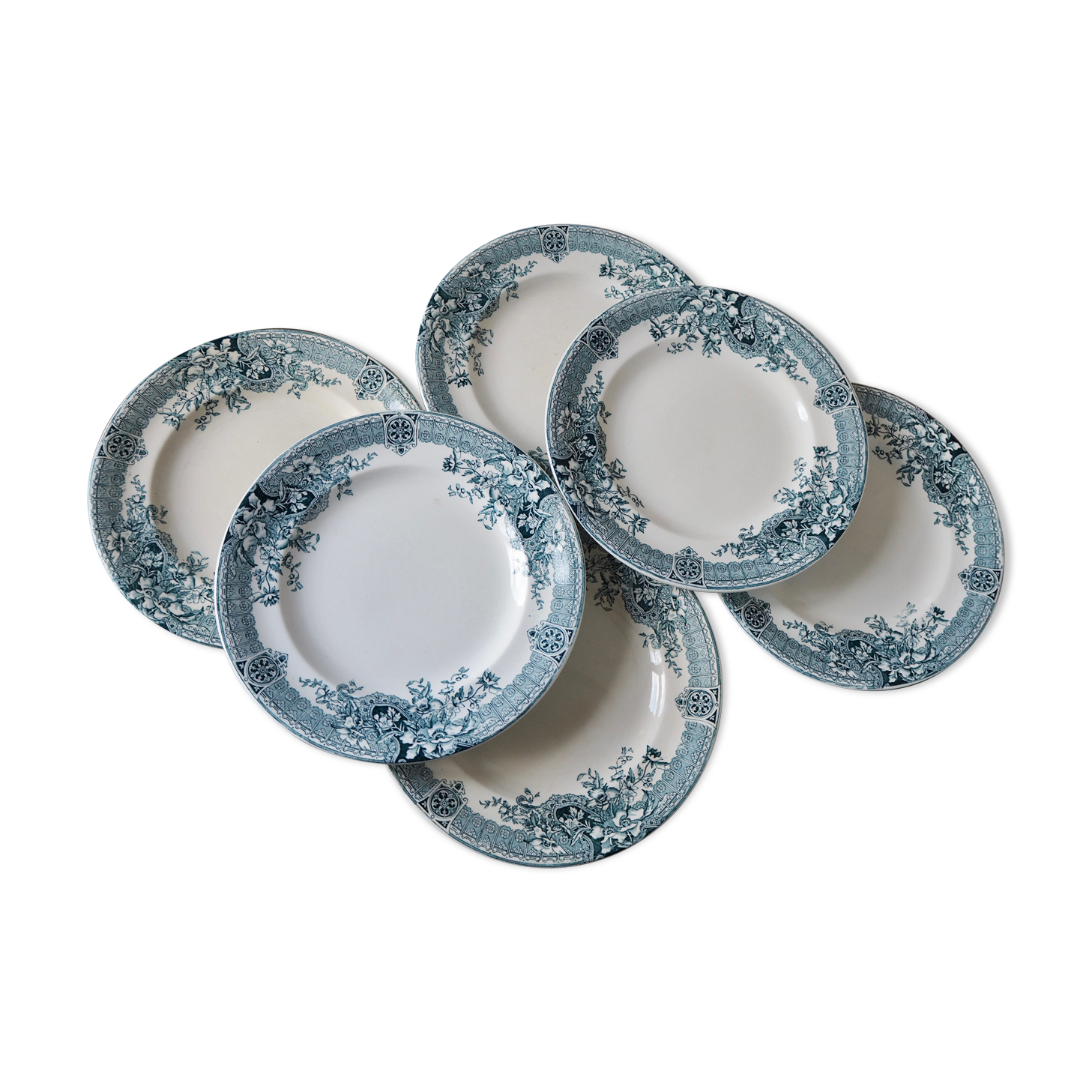 Set of 6 Longwy dessert plates, Watteau model