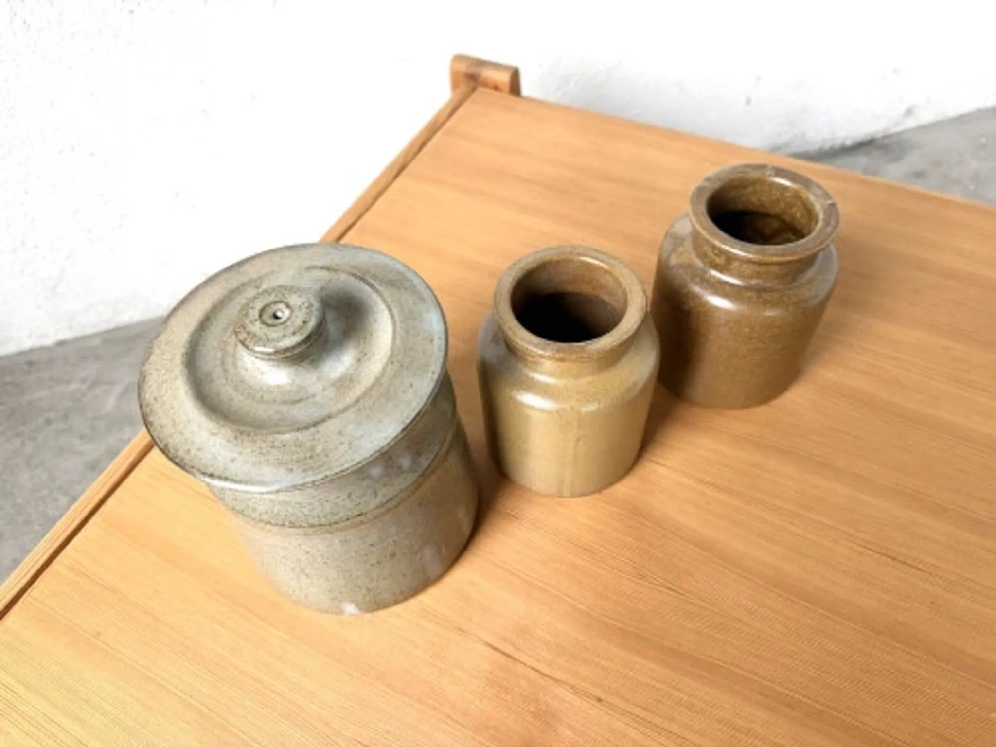 Set of 3 glazed stoneware pots, 1970s