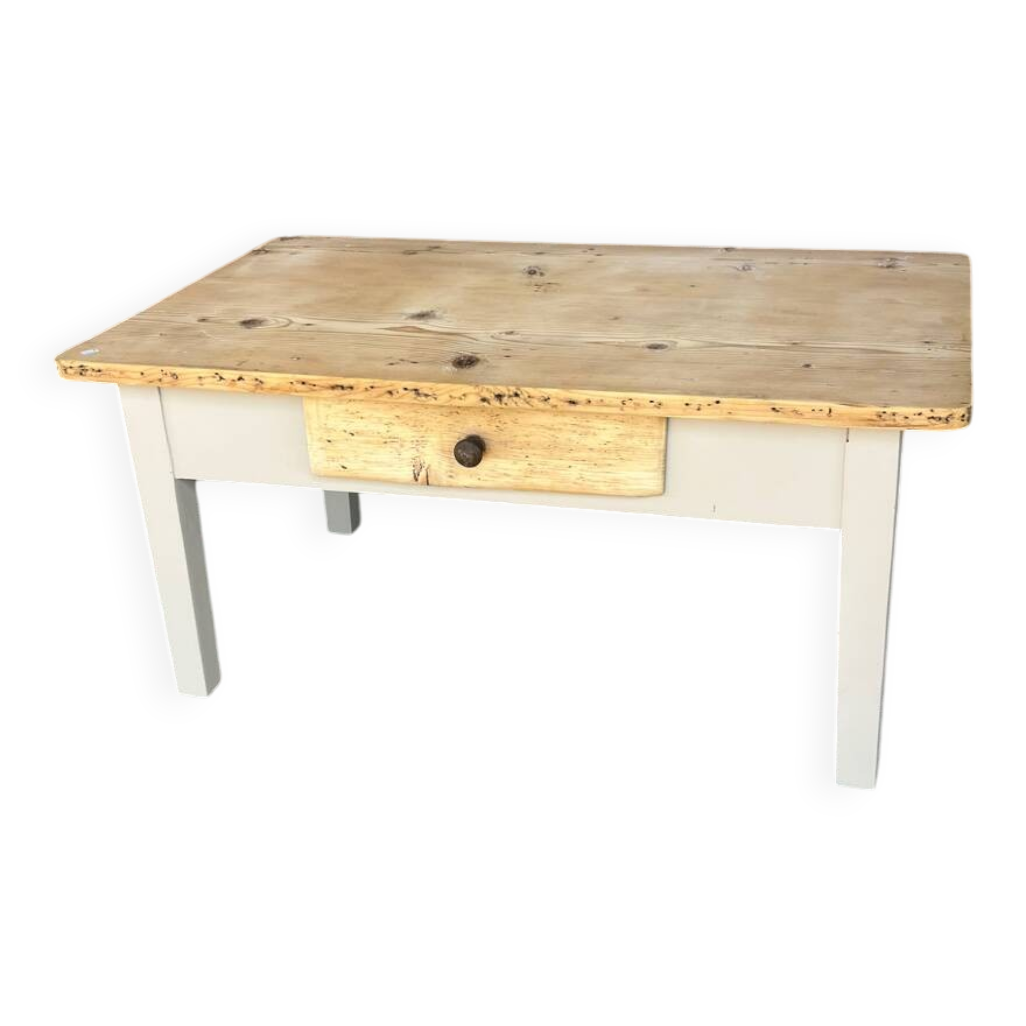 Raw wood and taupe coffee table
