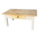Raw wood and taupe coffee table
