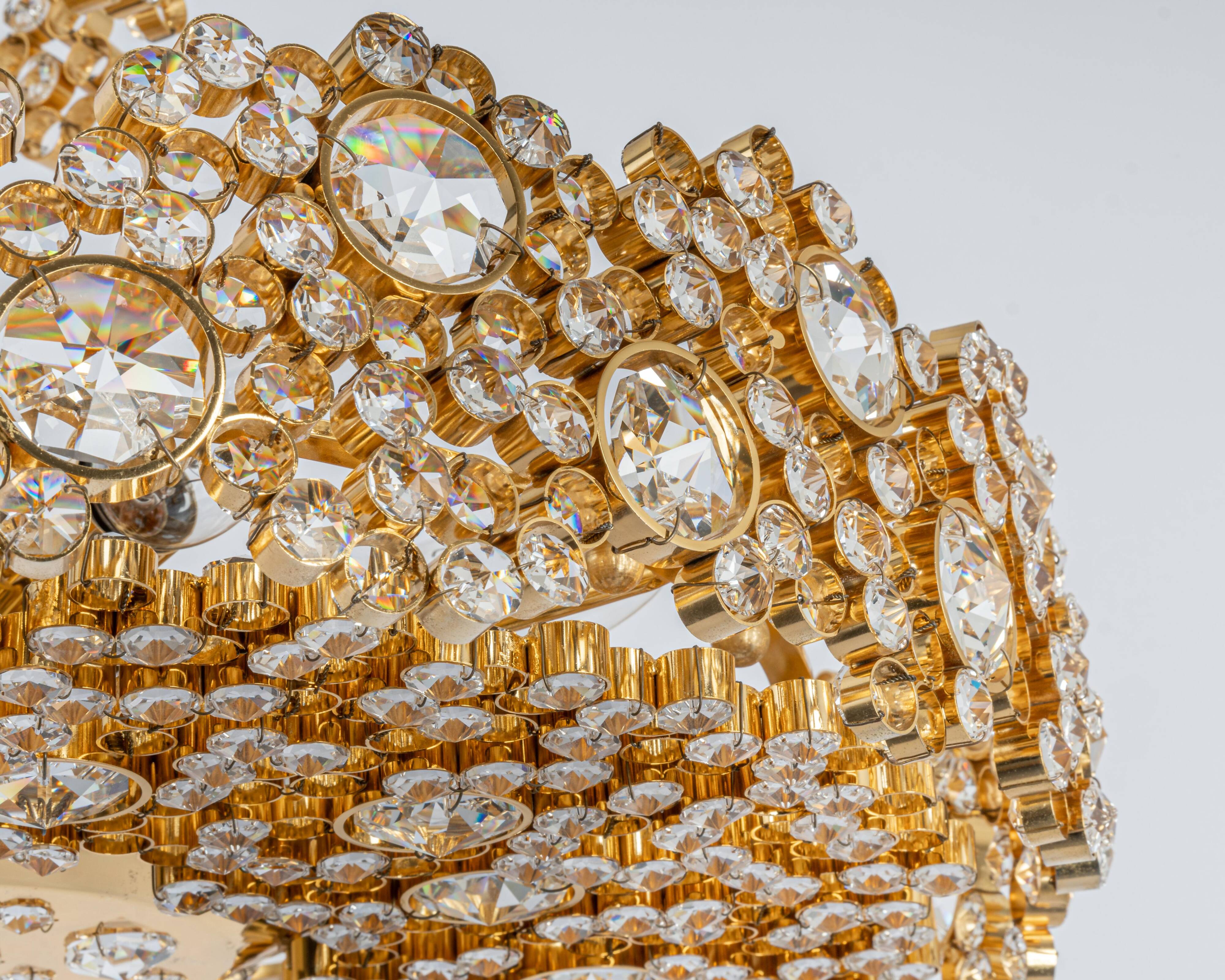 Chandelier in gilded brass and crystal glass inlaid by Palwa, Germany, 1970s.