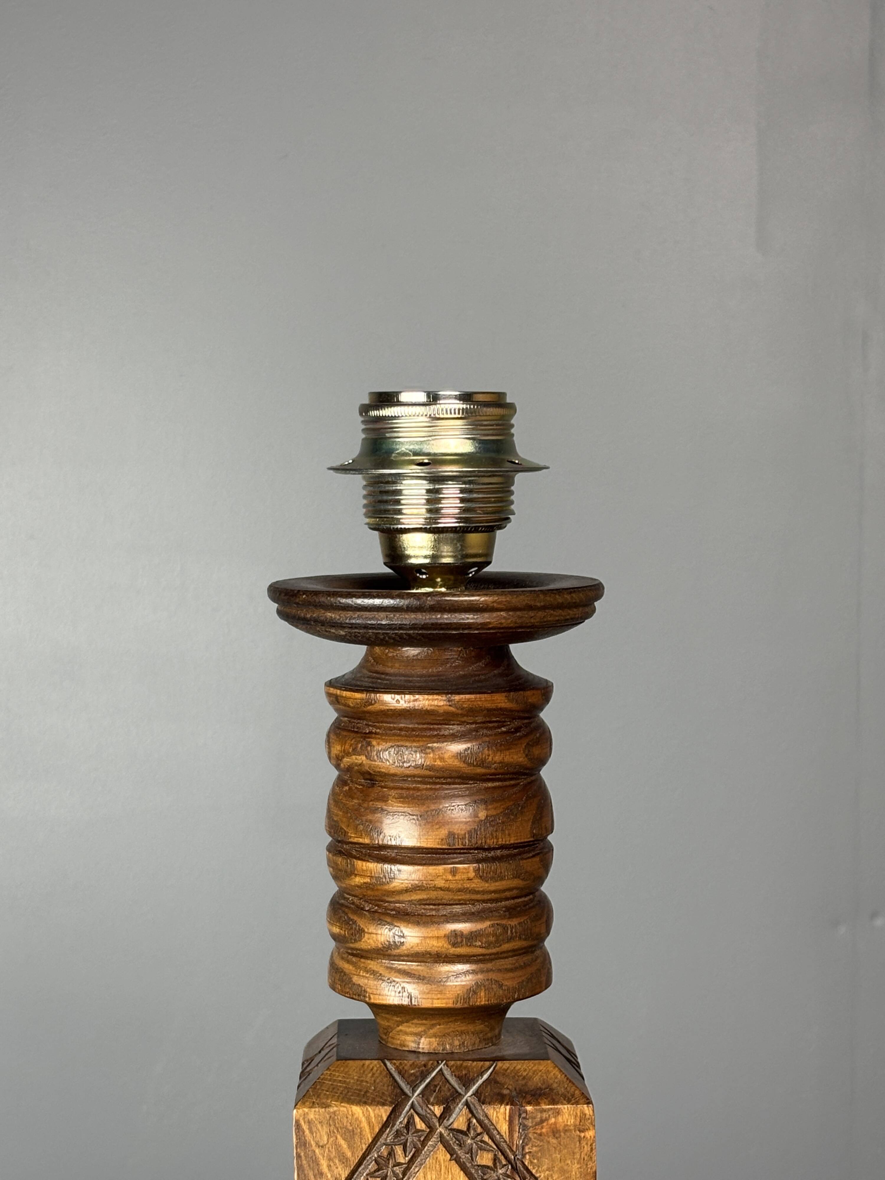 Midcentury brutalist wood turned table lamp in the style of Charles Dudouyt