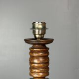 Midcentury brutalist wood turned table lamp in the style of Charles Dudouyt