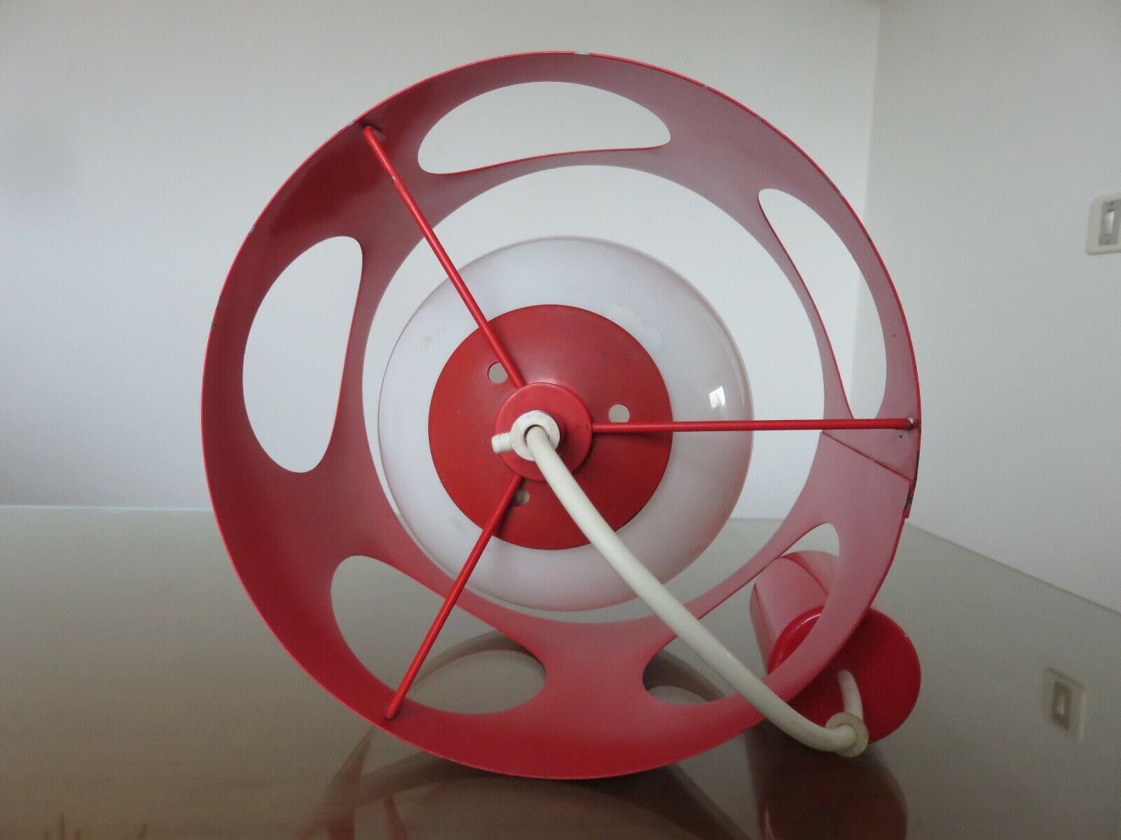 Suspension in red lacquered metal and white opaline ball 60s 70s