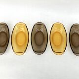 Set of 5 small oval eared dishes in amber and smoked tempered glass