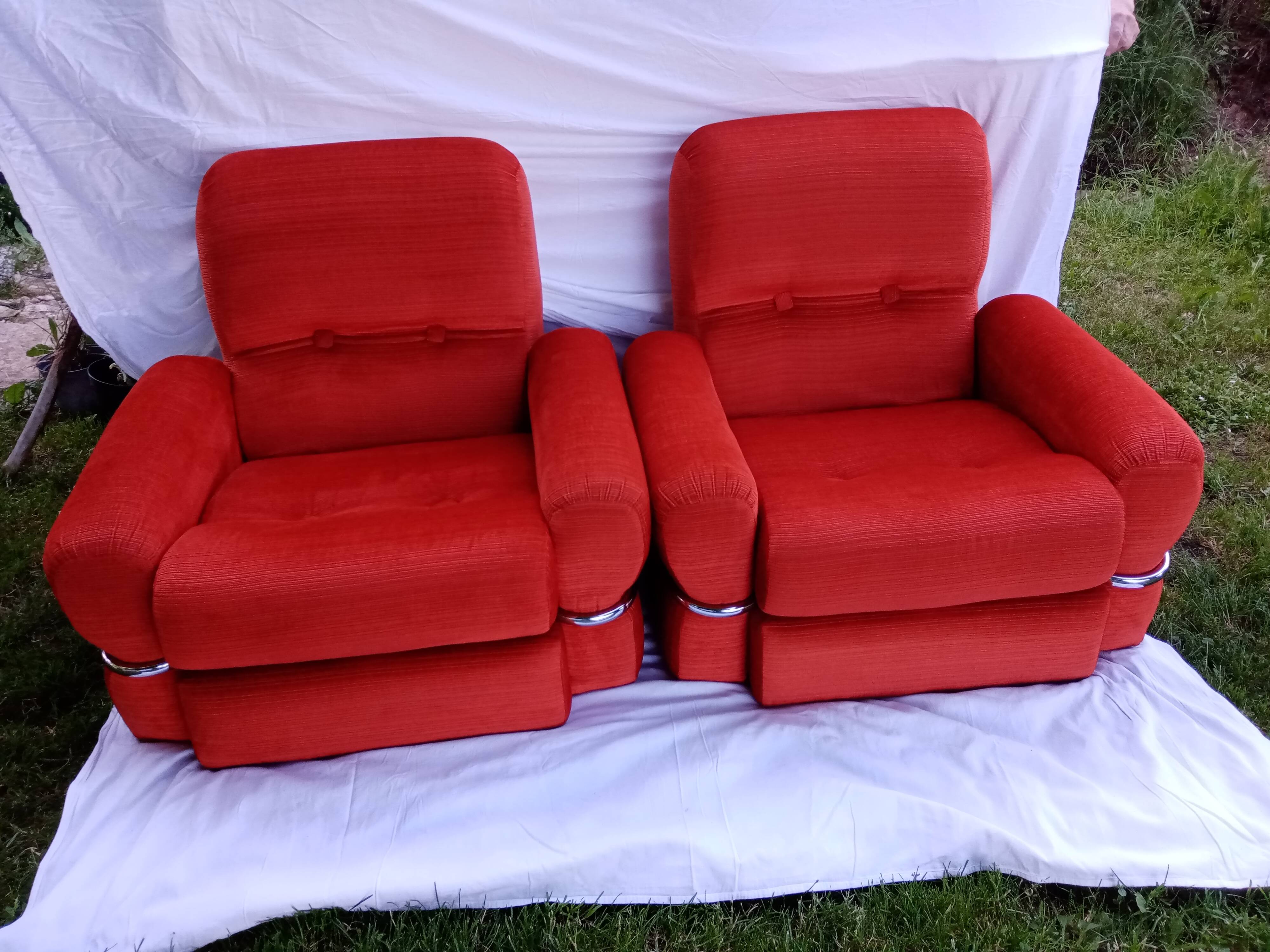 Pair of 1970s orange corduroy armchairs in the style of Adriano Piazzesi.