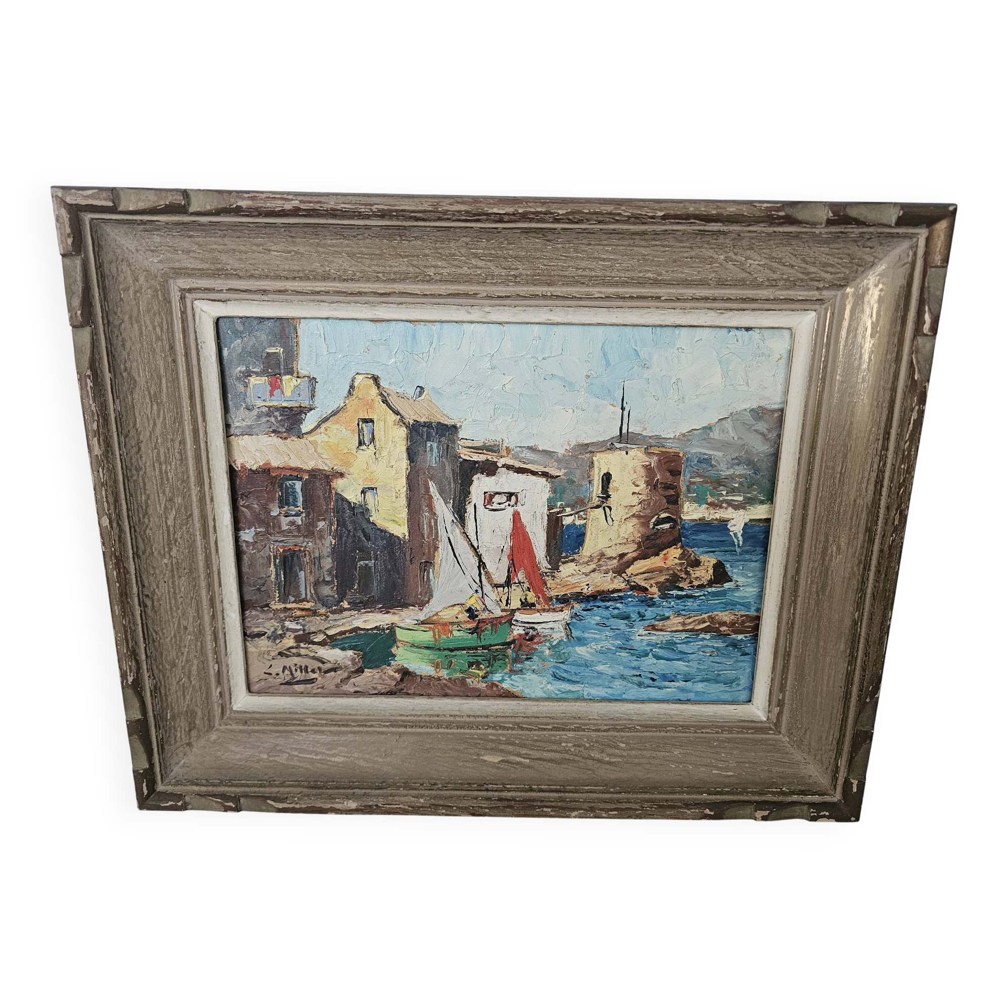 Oil Painting on Cardboard Saint Tropez - La Ponche signed Louis Millet - 60's