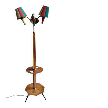 Lampadaire tripode en chêne et laiton, trois lumières