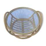 Table basse ronde en verre et rotin