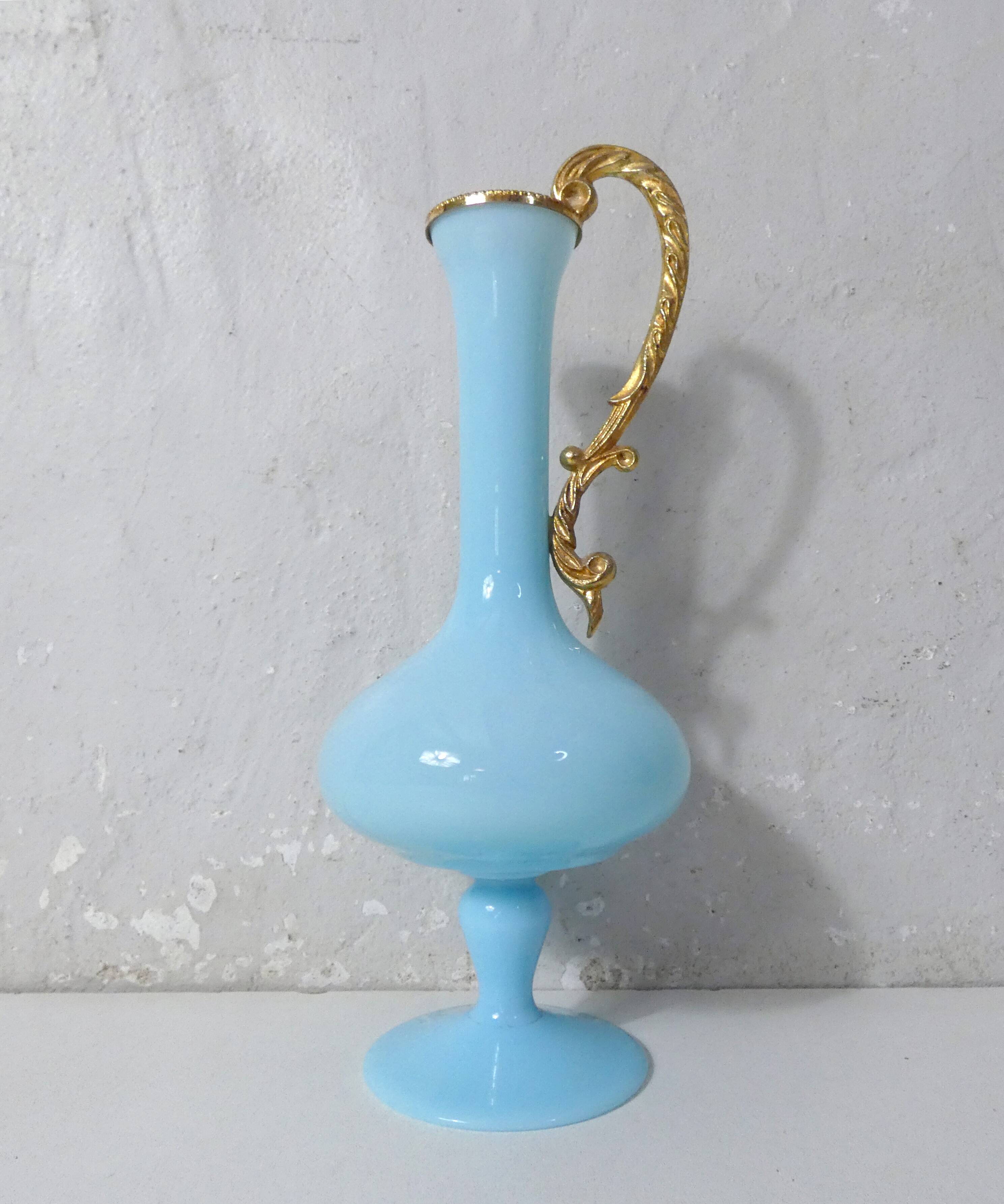 antique blue opaline and gilded brass vase Murano Italy