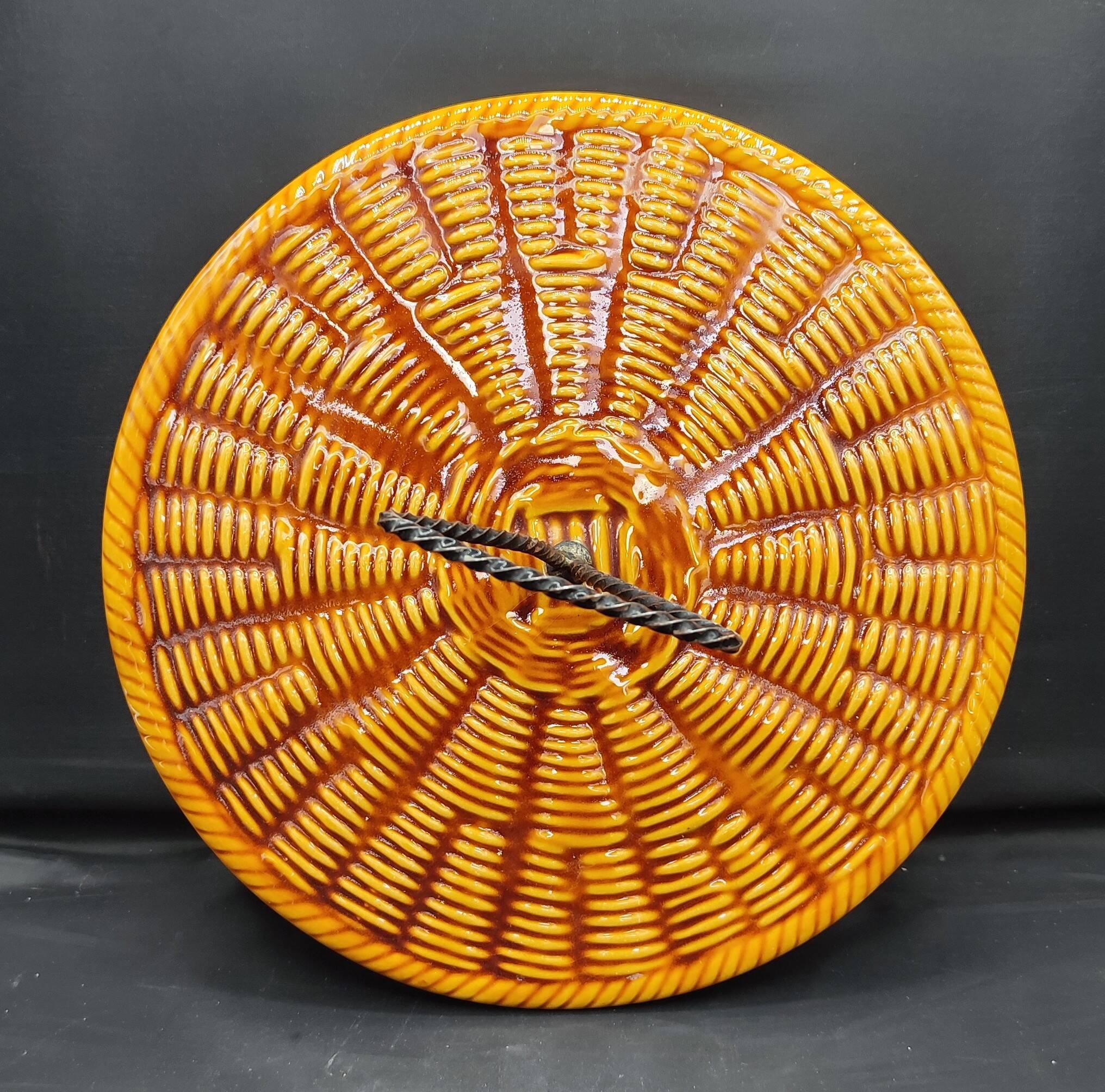 Vintage Vallauris plate, glazed ceramic in wicker style.