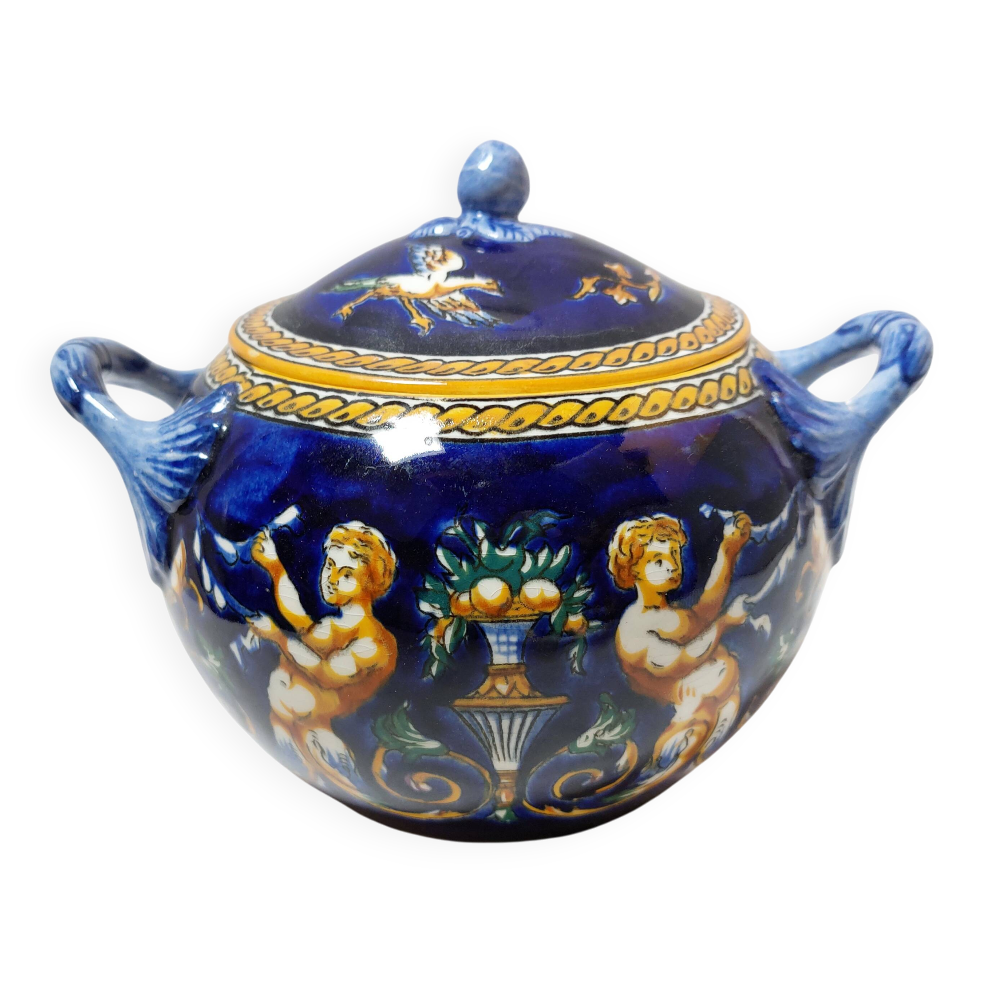 Large Gien blue sugar bowl or candy dish, Renaissance model