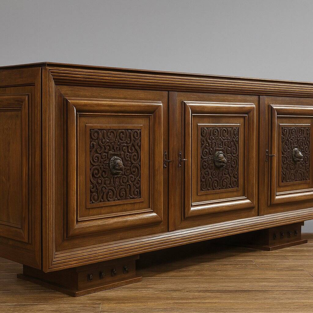 According to Charles Dudouyt: sideboard in a row from the Art Deco period in solid wood.