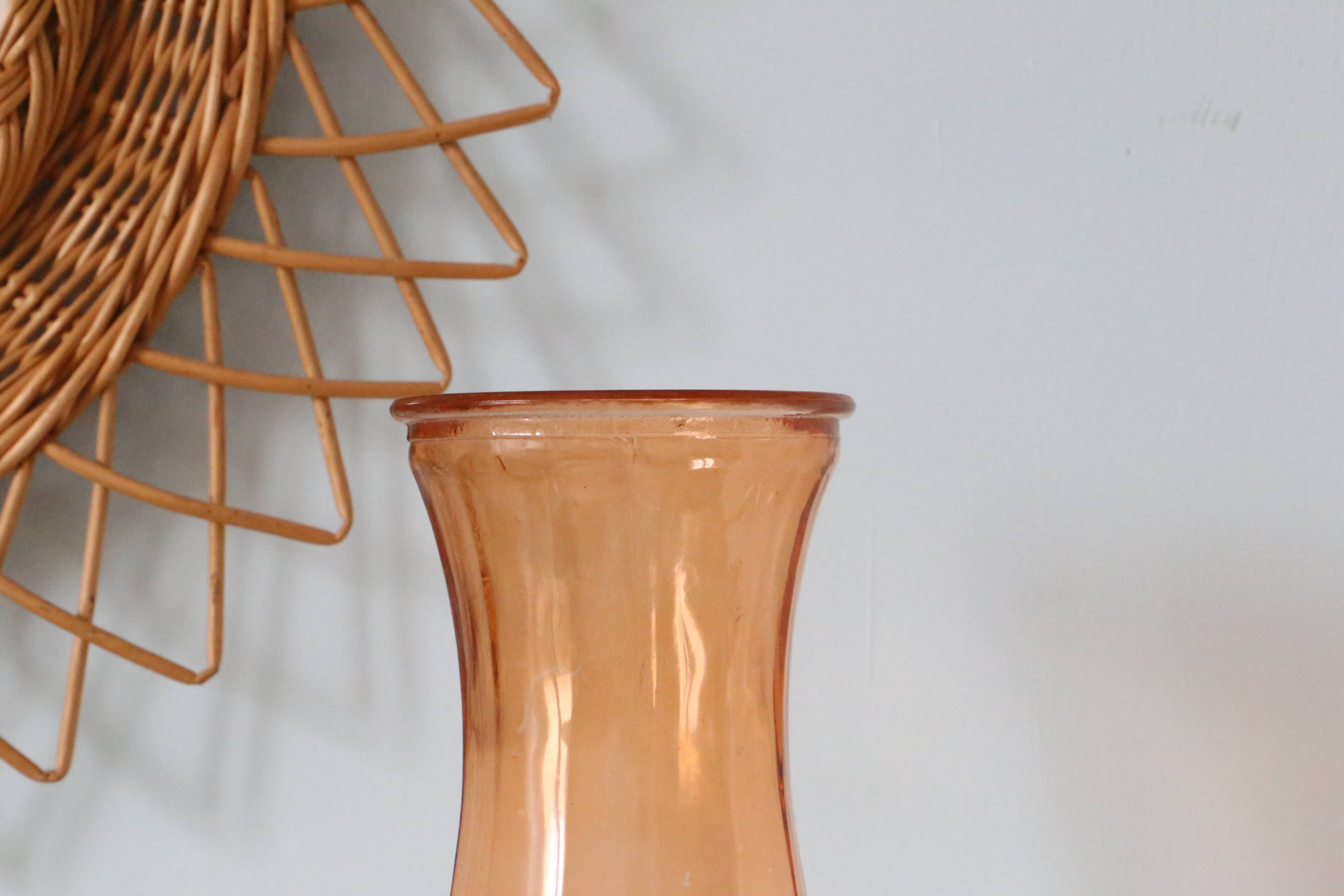 Large glass vase, apricot, French vintage, authentic
