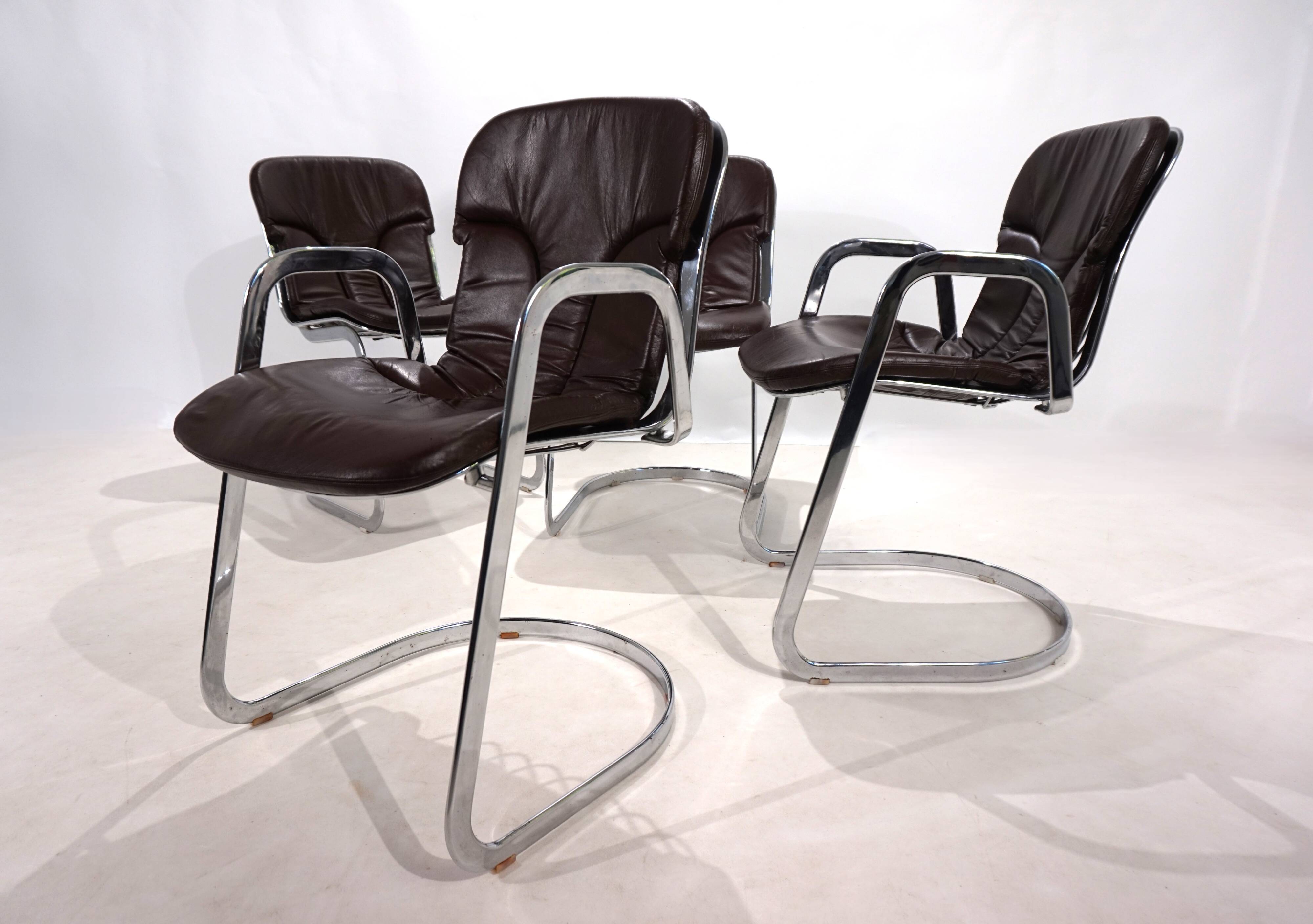 Set of four Cidue leather chrome cantilever chairs by Willy Rizzo, 1970