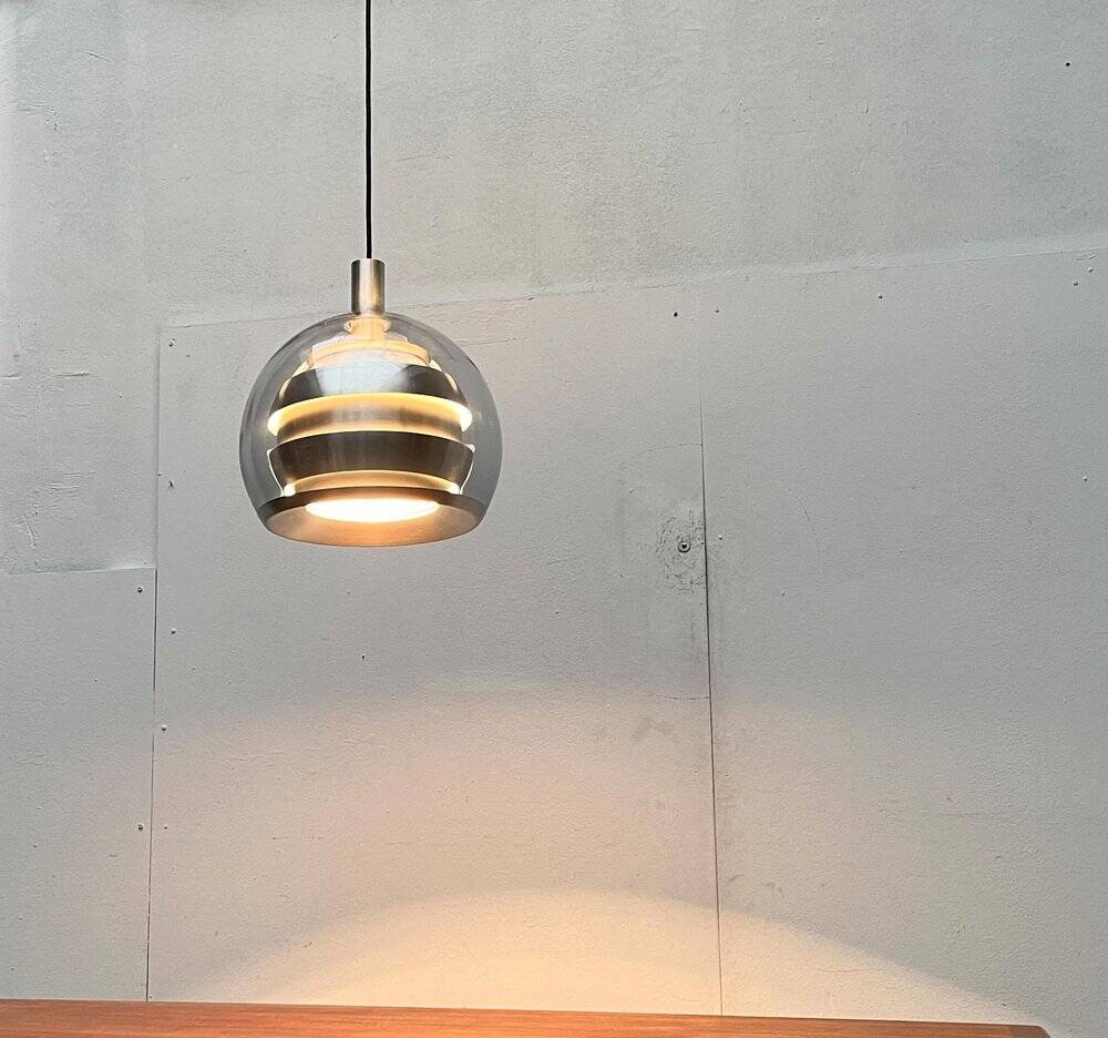 Suspended globe lamp in aluminium and glass in German Space style from the 1960s mid-century by Doria.