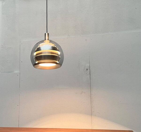 Lampe suspendue globe en aluminium et verre de style Espace allemand des années 1960 de milieu du siècle de Doria
