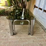 Coffee table chrome tubes and smoked glasses 1970