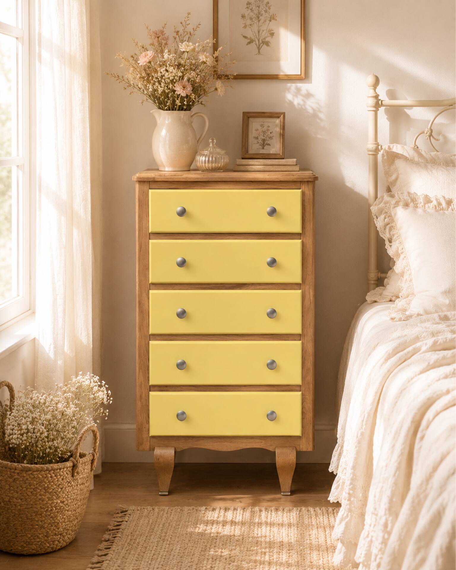 Chiffonnier art déco chêne brut et jaune