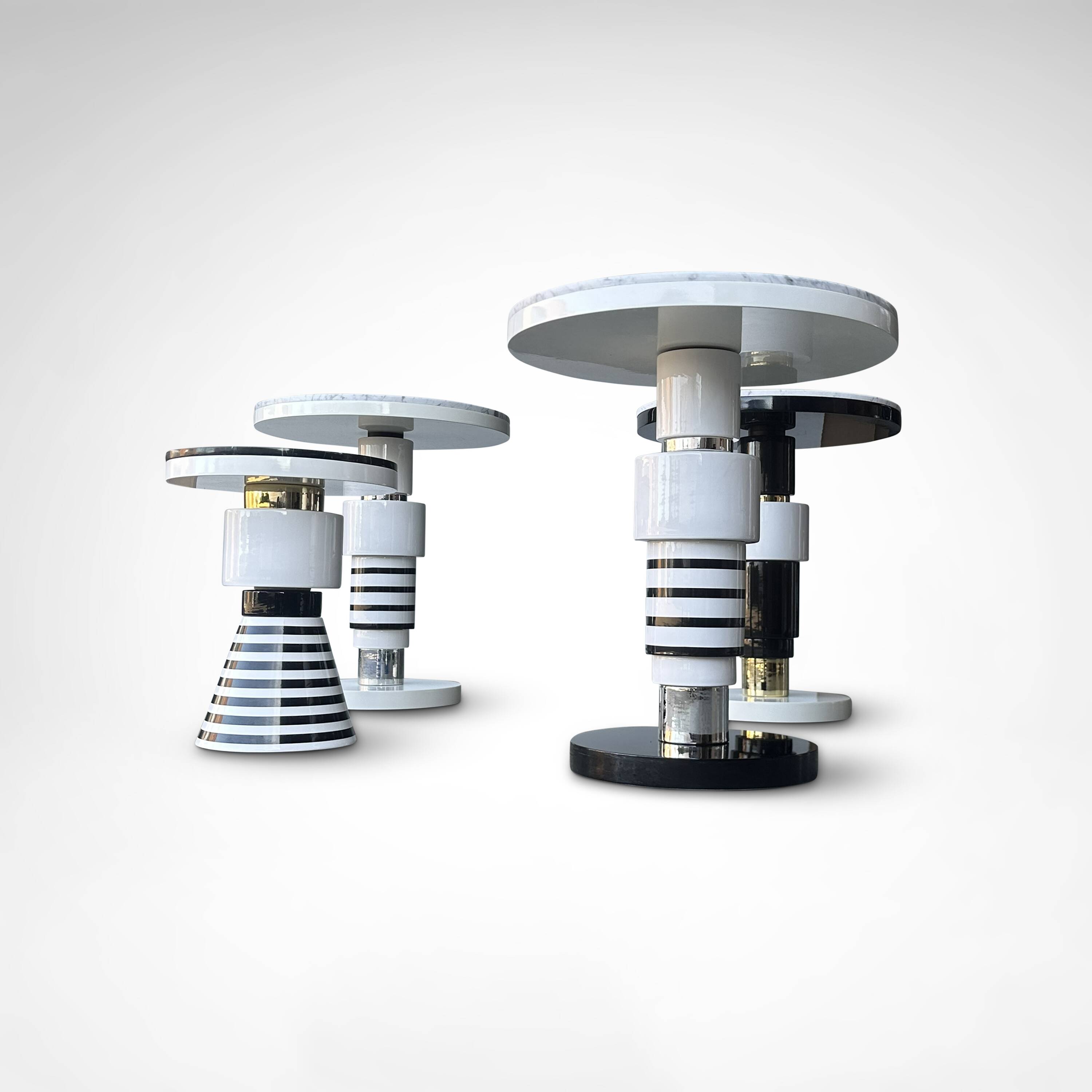 Hand crafted side tables of ceramic and marble in memphis style by casalto