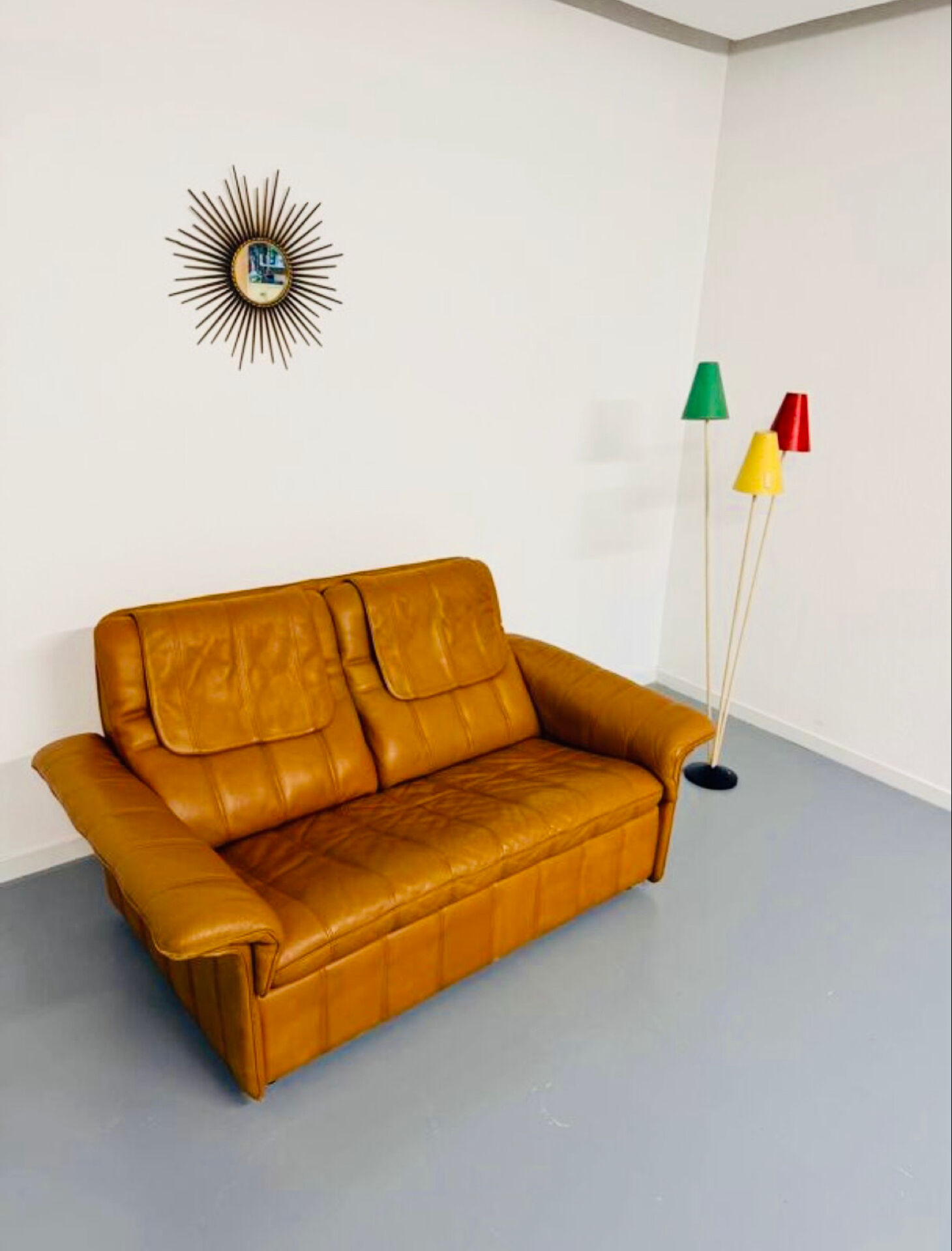 Vintage 70s thick cognac leather 2-seater sofa by De Sede.
