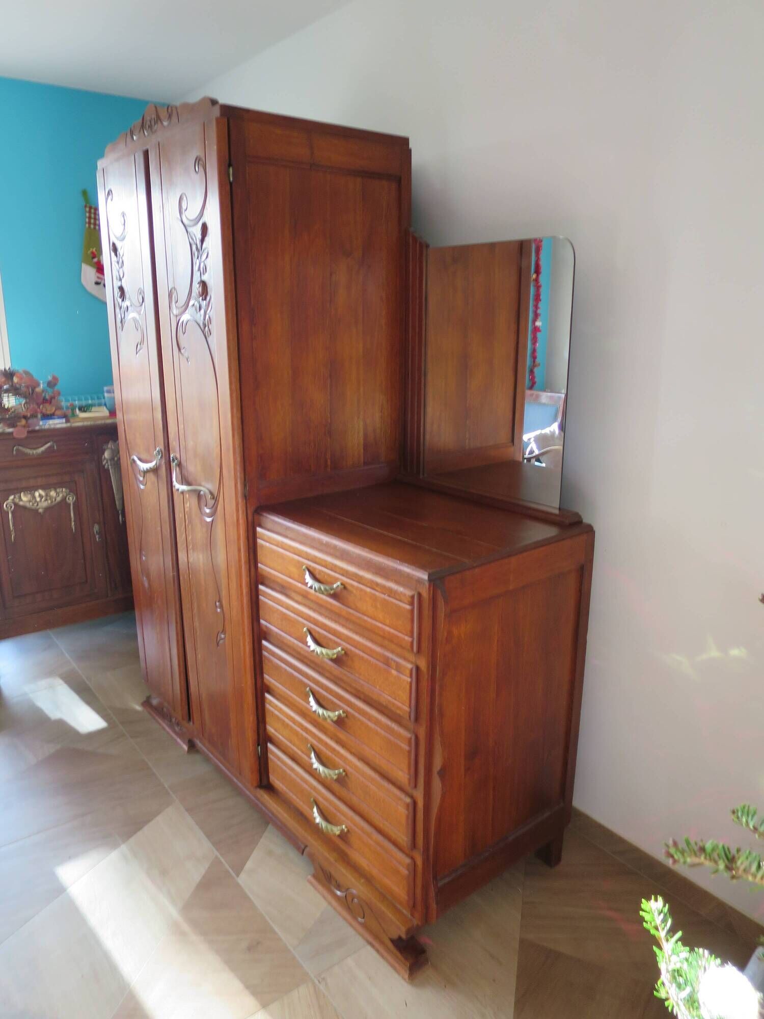 English asymmetrical chest of drawers - Art Deco - Mirror - 2 doors - 5 drawers - Mesh blond oak