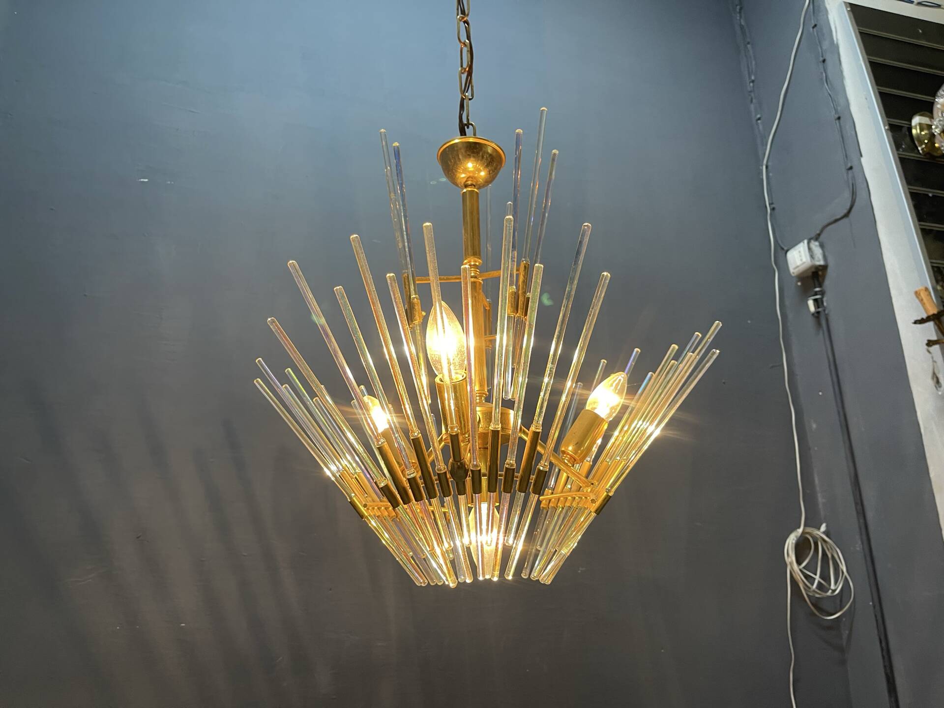 Murano Glass Rod Brass Chandelier, Italy, 1970s