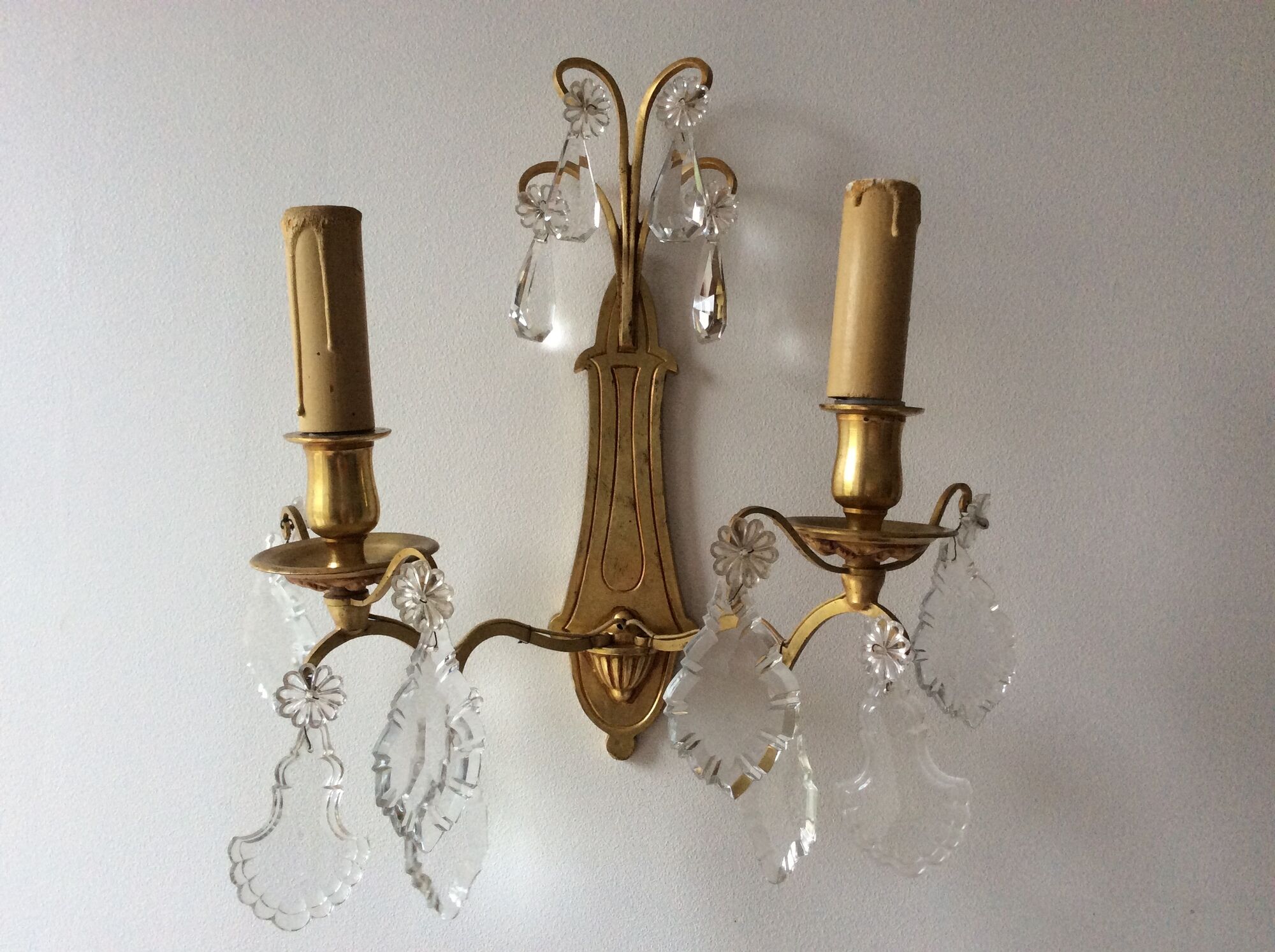 Pair of old style Louis XVI gilded bronze and Crystal