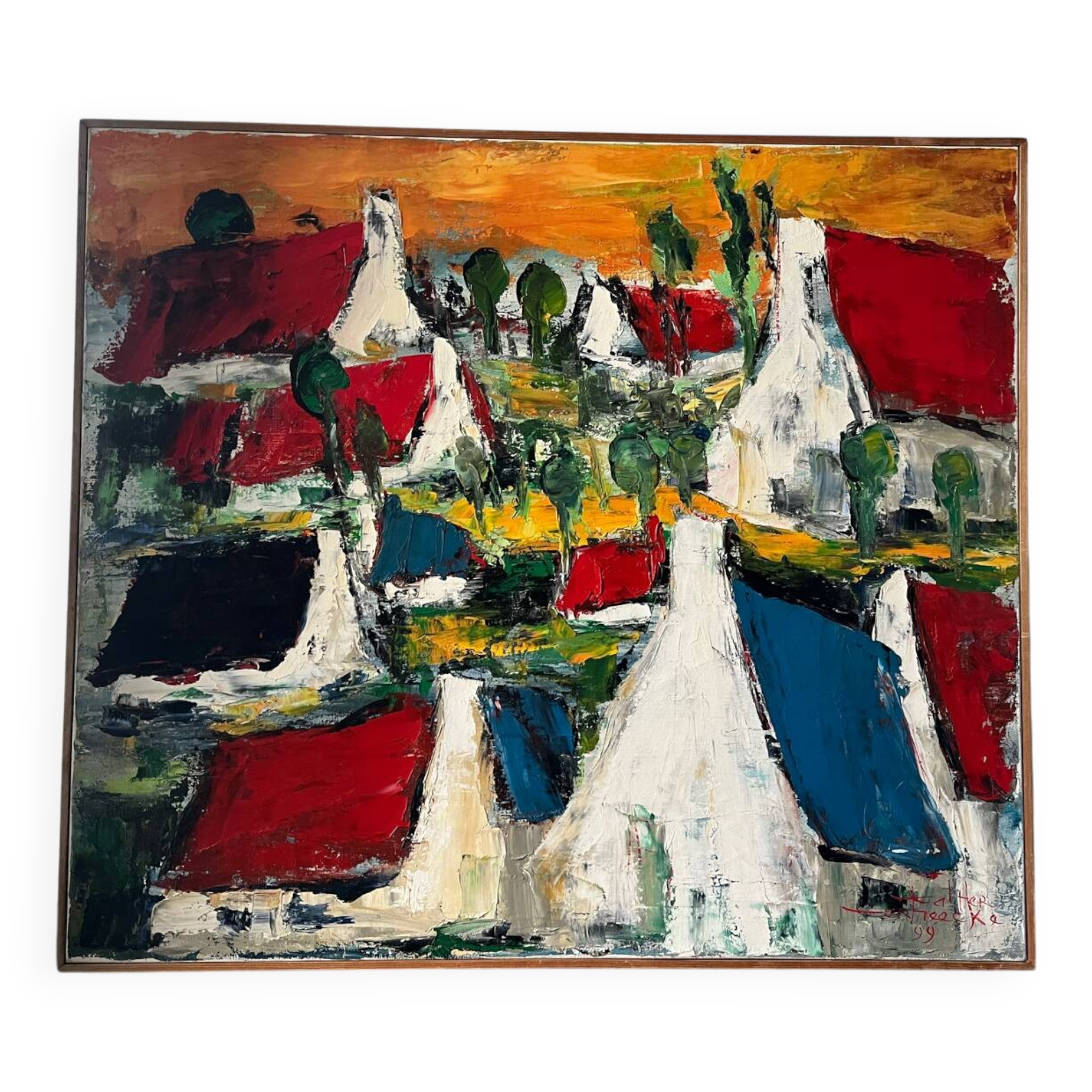 The colored roofs, knife technique, signed