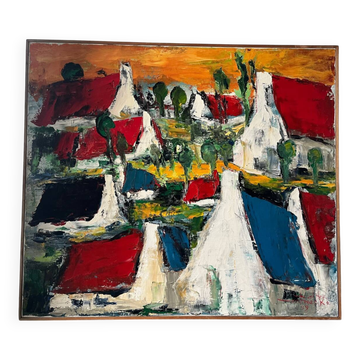 The colored roofs, knife technique, signed