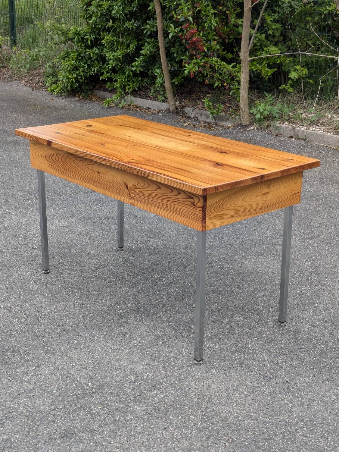 Vintage solid pine & chrome steel desk, 1970s