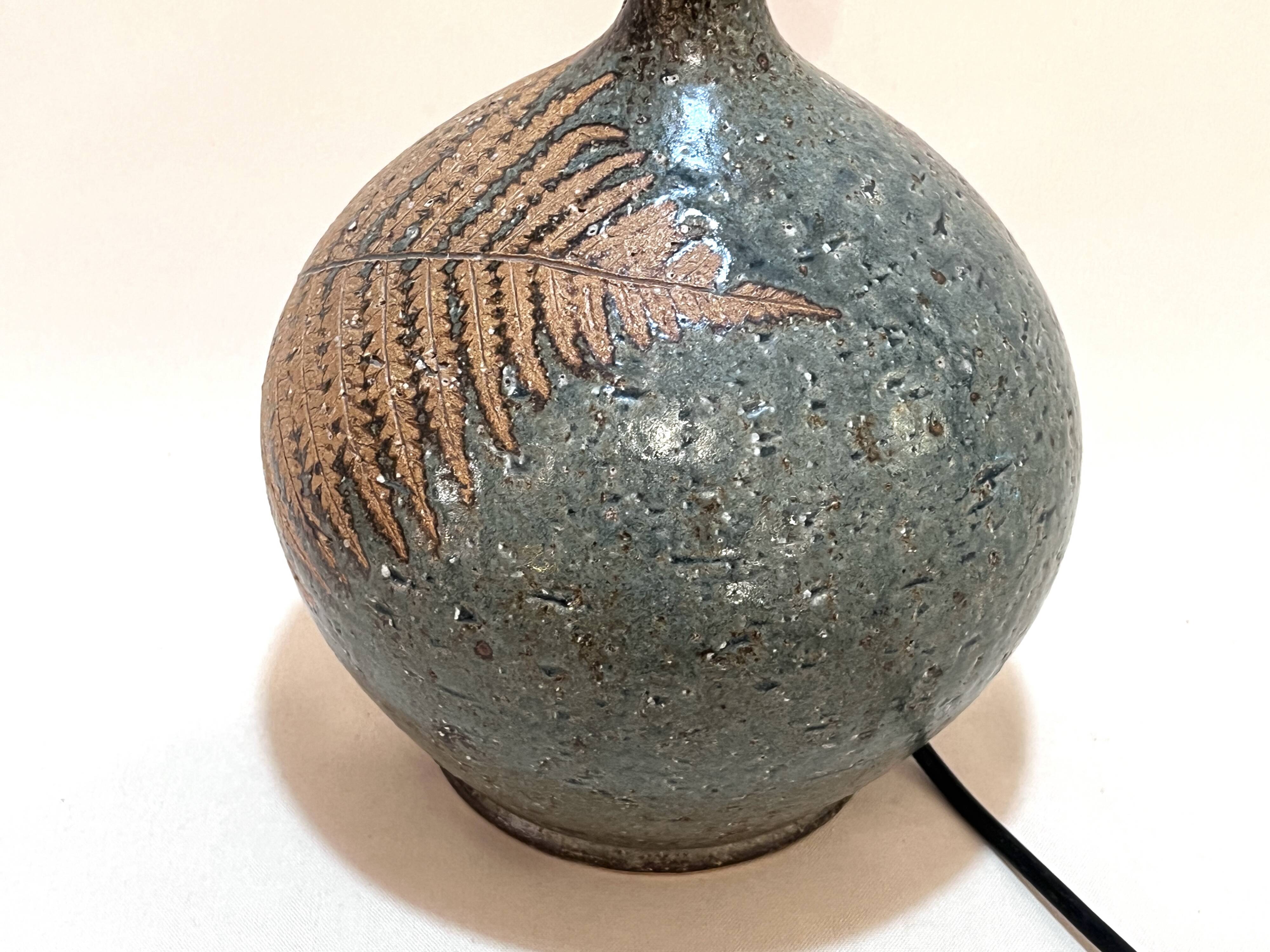 Vintage stoneware lamp by Alain Blanchard, 1970s, fern, rope shade