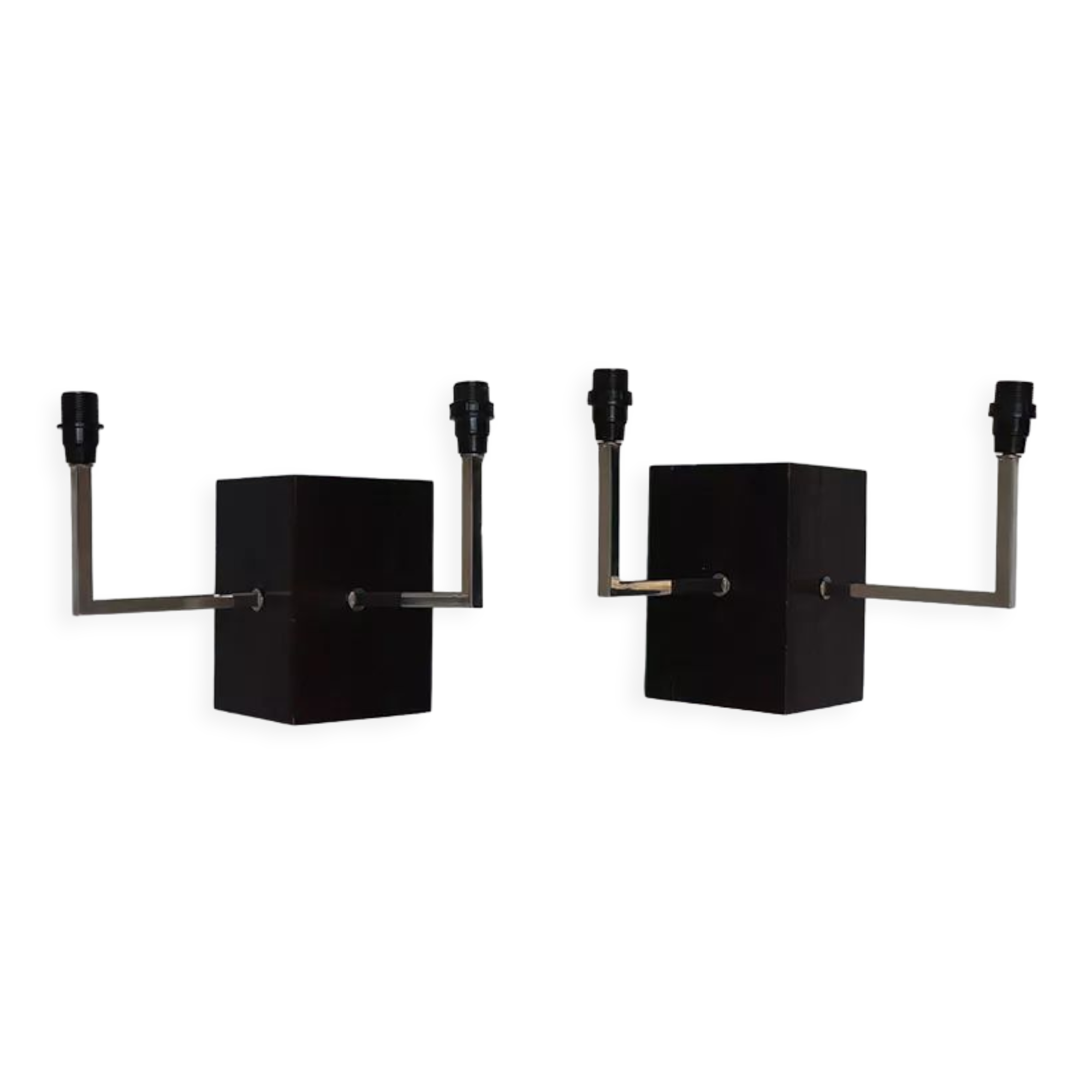 Pair of wall sconces in oak and chromed metal