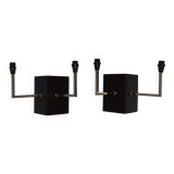 Pair of wall sconces in oak and chromed metal