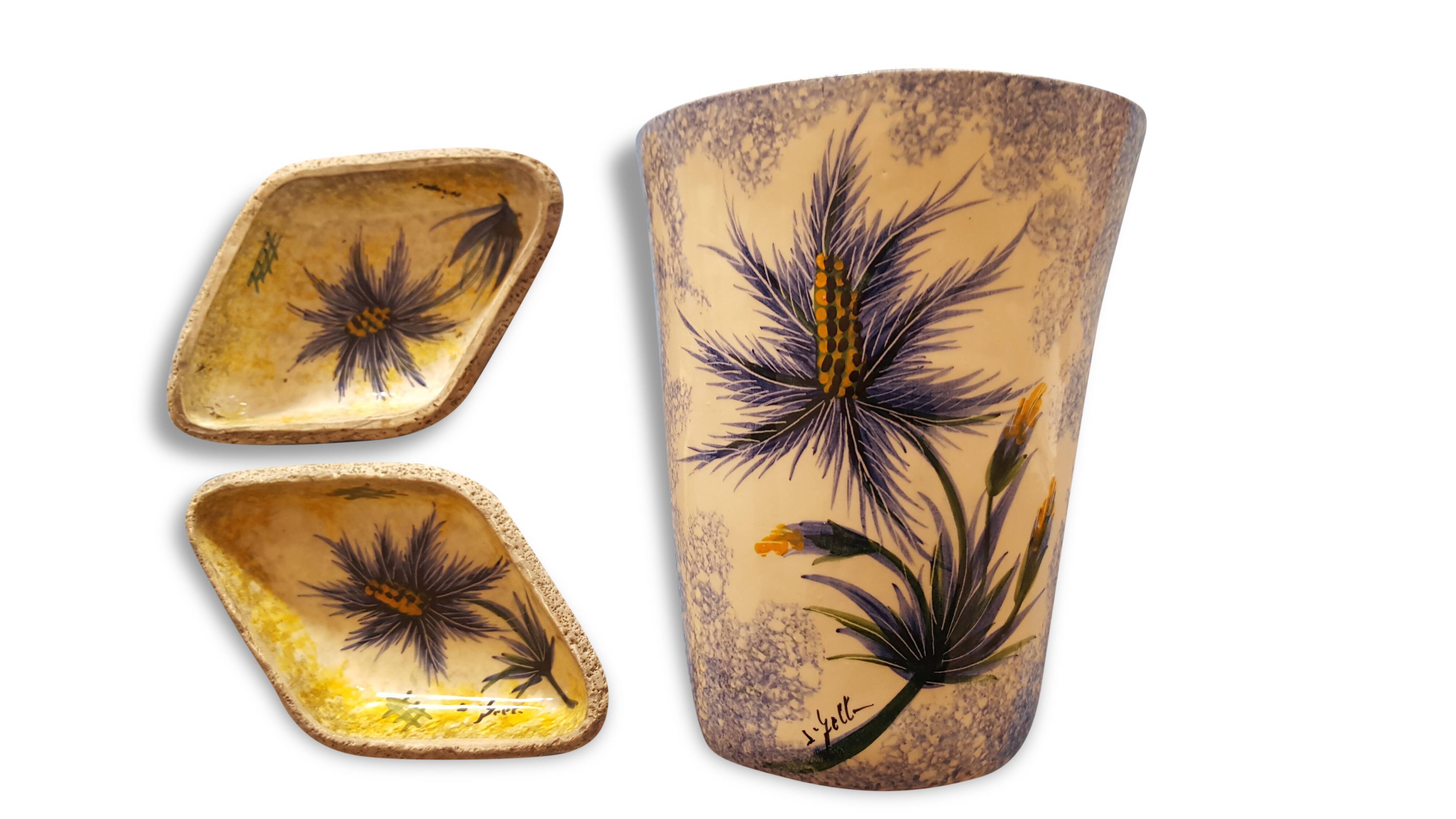 Vase and ramekins "Thistles", signed J.Yell