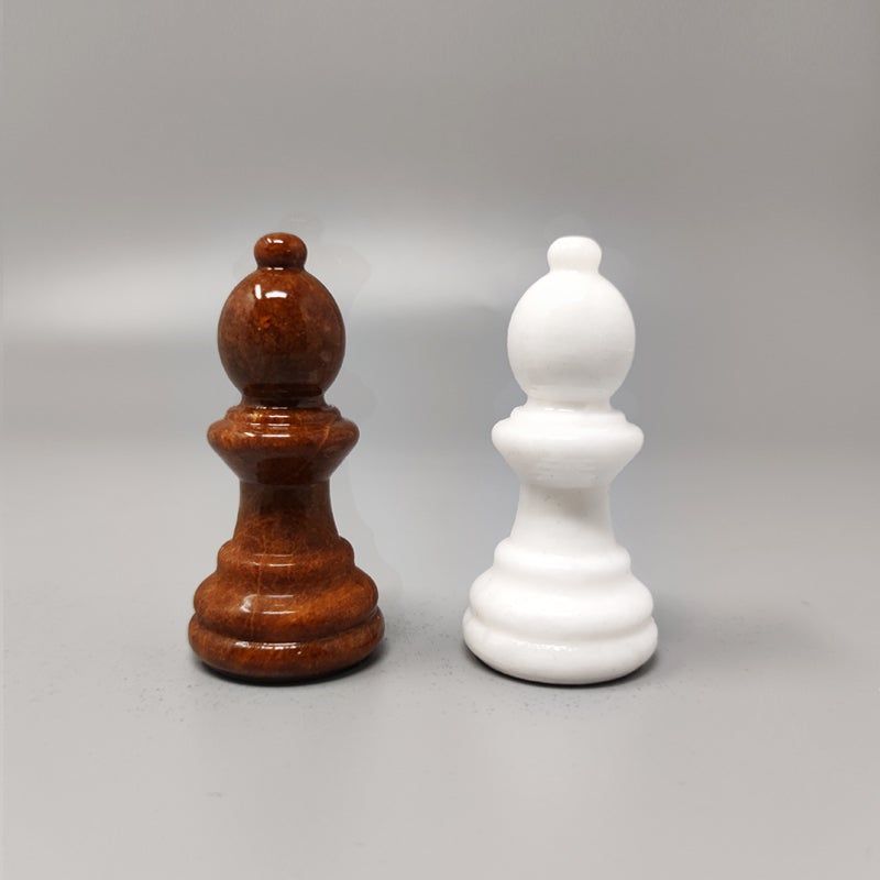 1970s Brown and White Chess Set in Volterra Alabaster Handmade Made in Italy