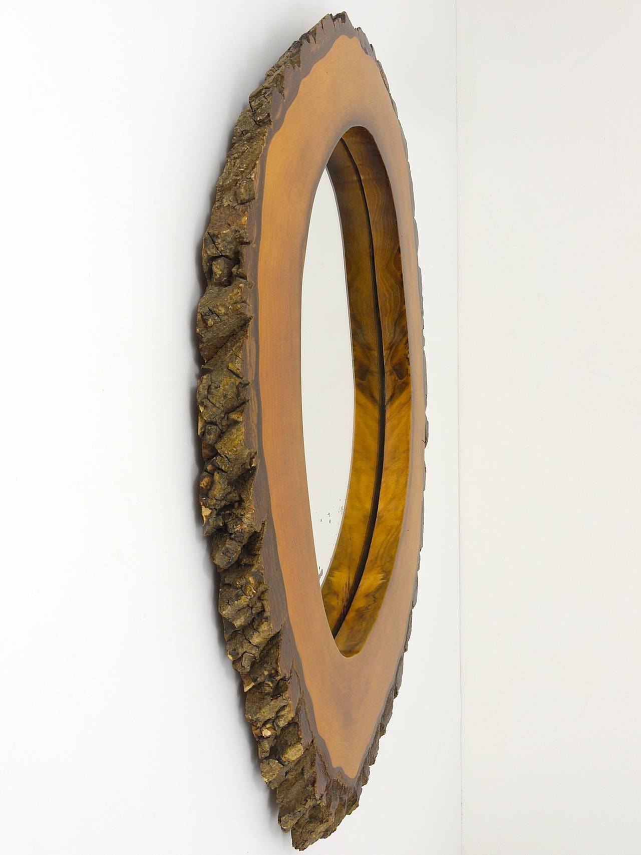 Wall mirror tree trunk in walnut, Carl Aubock modernist style, Austria, 1950s.
