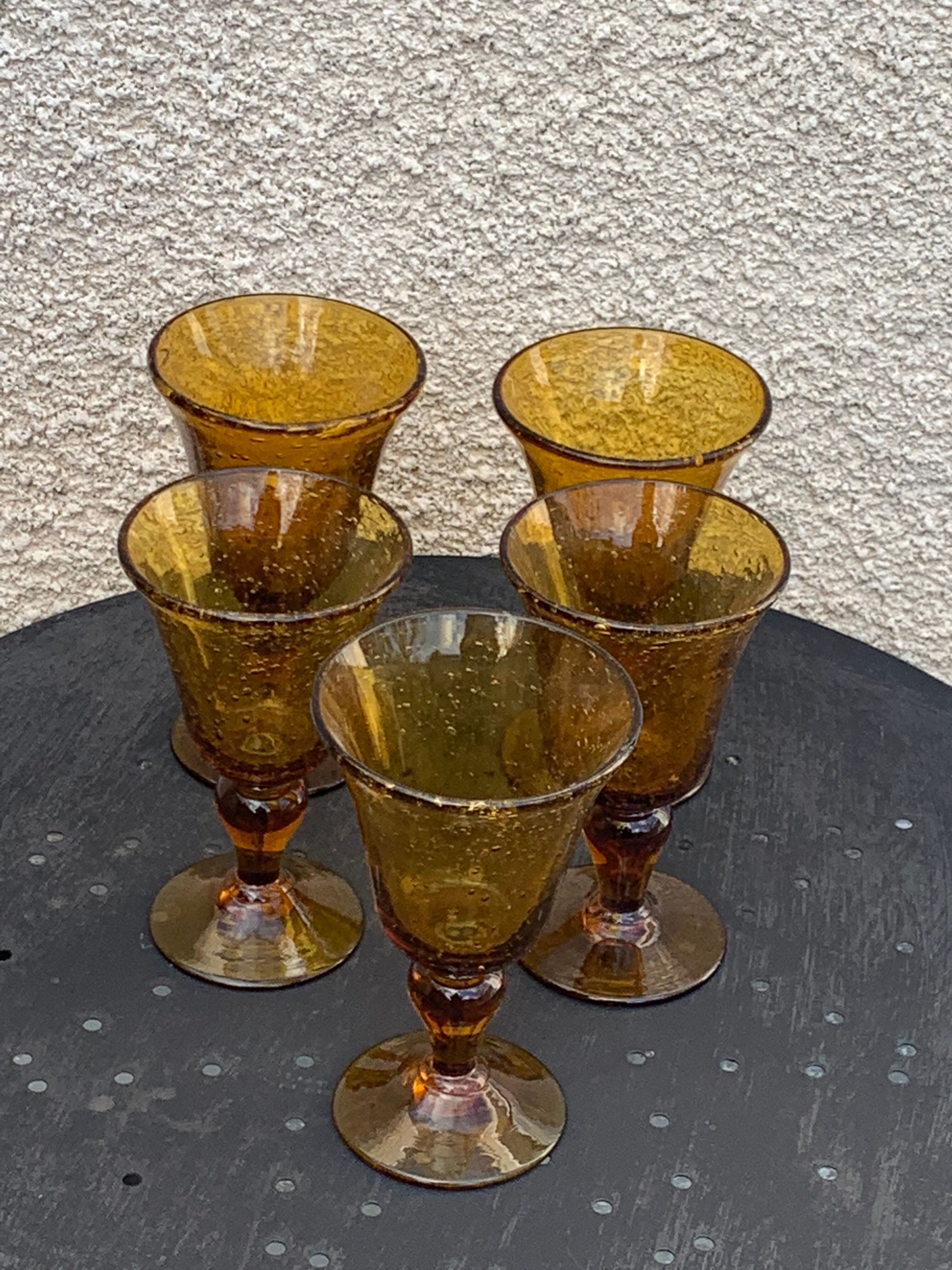 5 ocher blown glass wine glasses from Biot vintage glassworks
