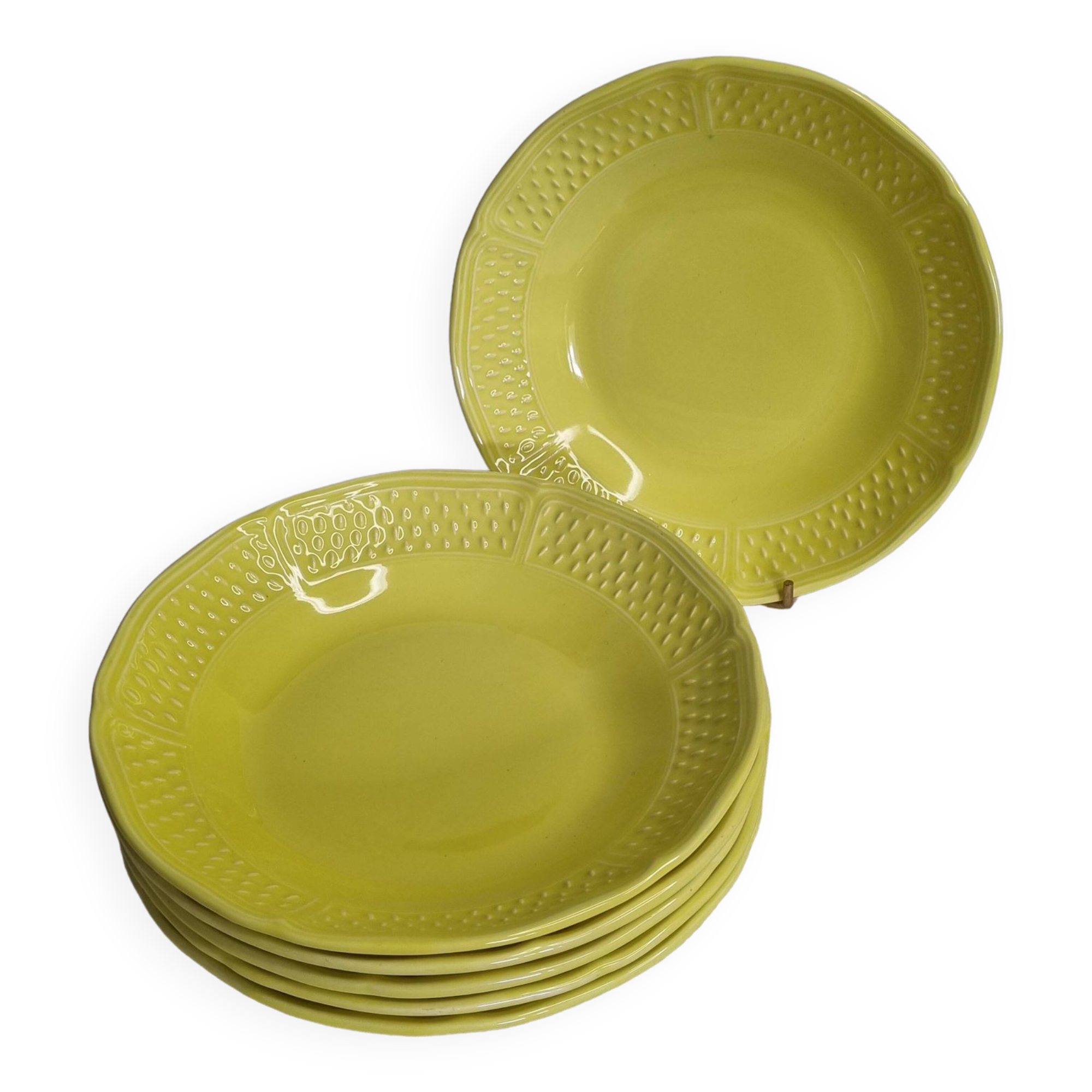 Set of six yellow soup plates with grains of rice, "Bon vivant", Gien, 21 cm